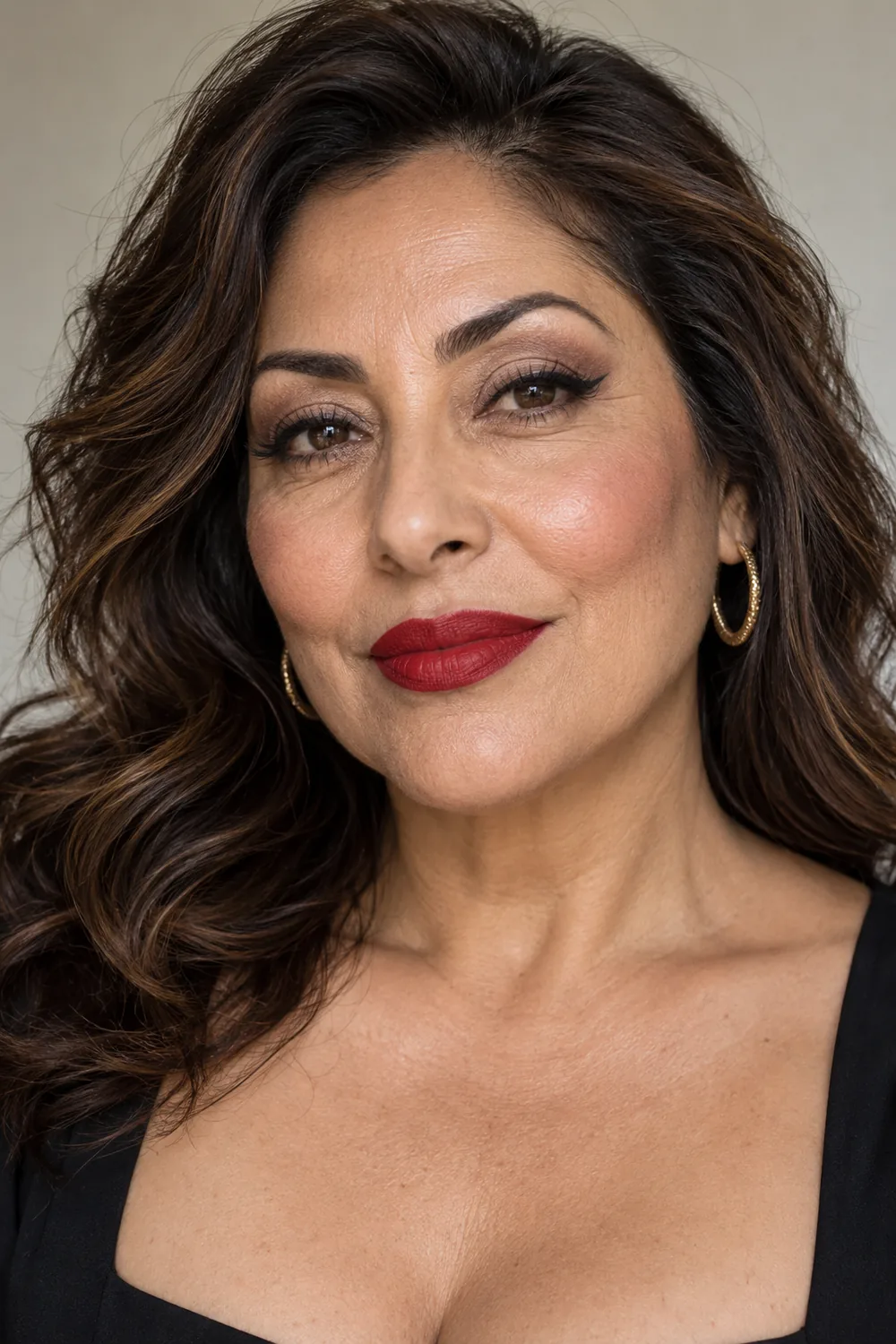 Mature woman with medium olive skin, matte taupe eyeshadow, a slim black wing, soft neutral blush, and vivid red lipstick.
