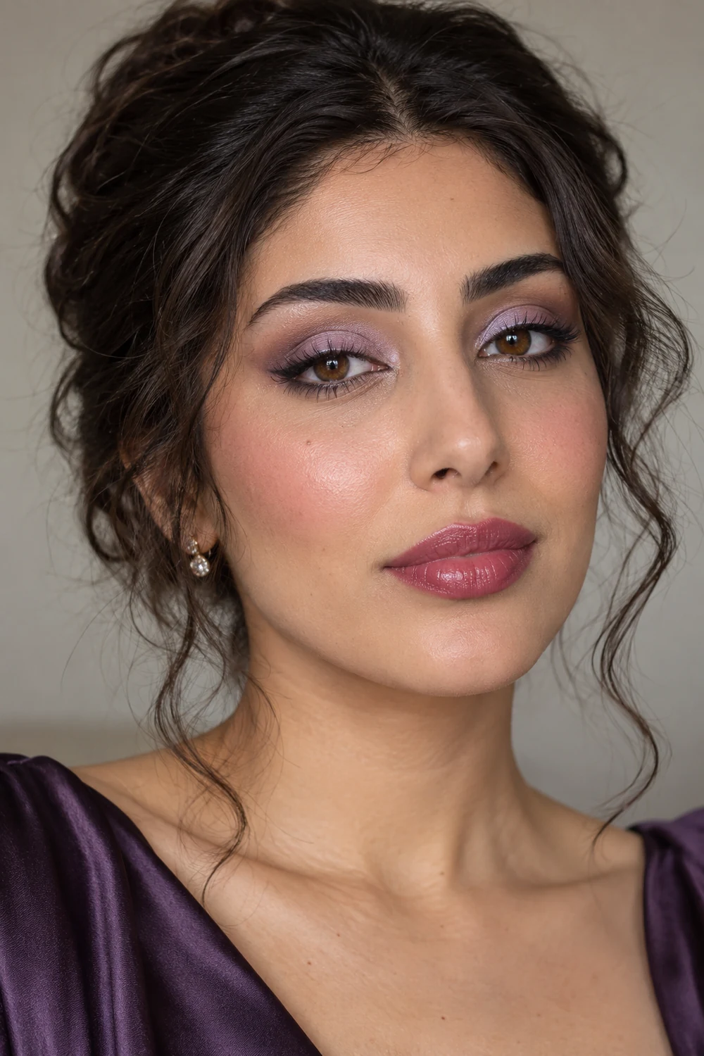Fictional adult woman with pale lavender lid shadow, gray-mauve corners, charcoal liner, cool pink blush, and berry-colored lips.