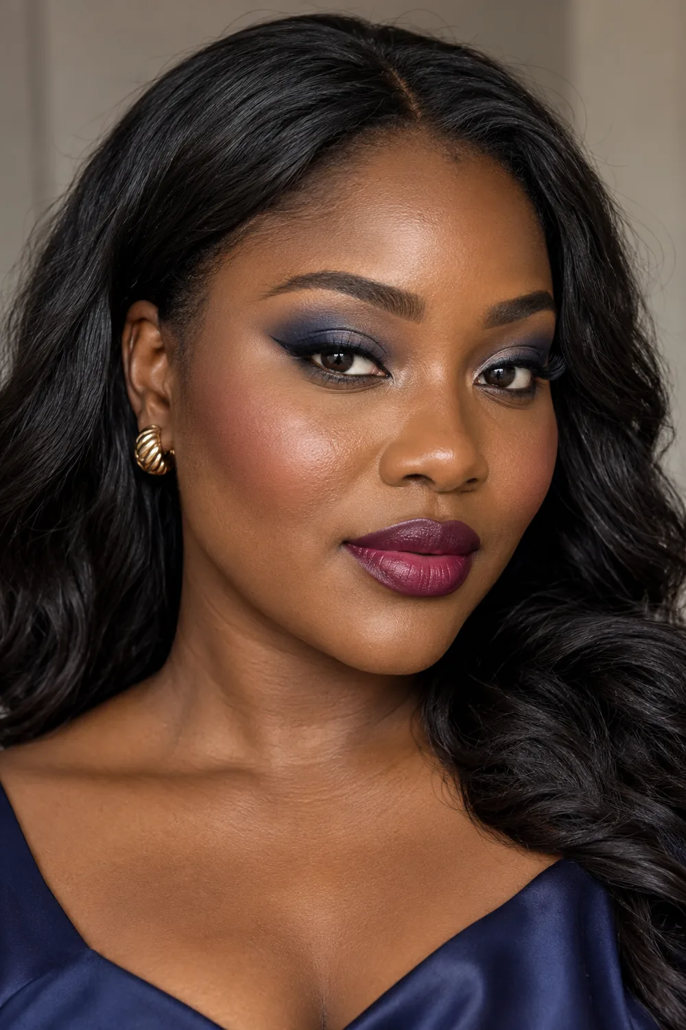 Beauty portrait of an adult woman with deep umber skin, navy and slate outer-V eyeshadow, a small black wing, mauve cheek blush, and satin berry lipstick.