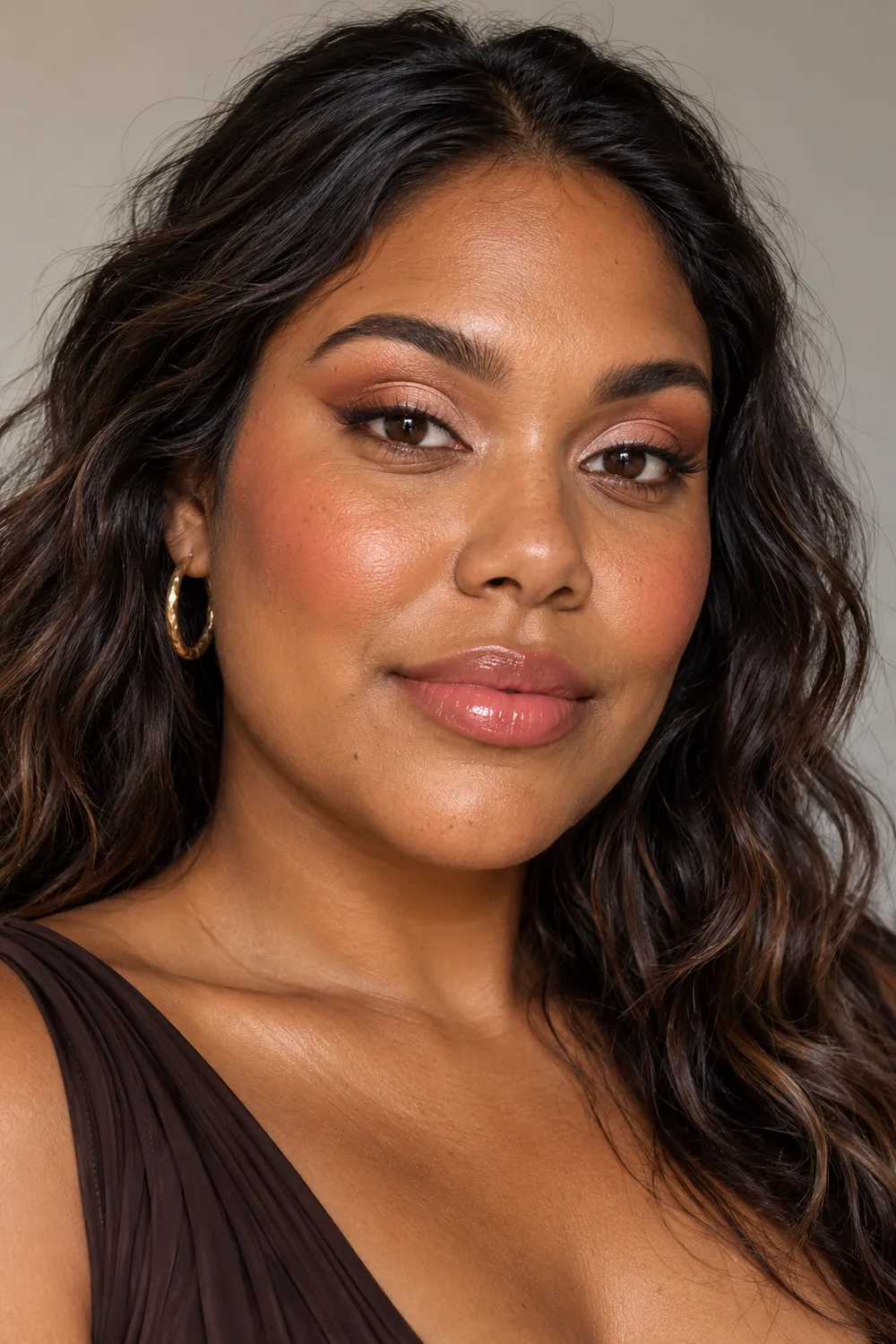 A fictional adult Indigenous Australian woman with medium bronze skin, rounded peach shimmer cut crease, brown liner, coral blush, and sheer pink-peach gloss.