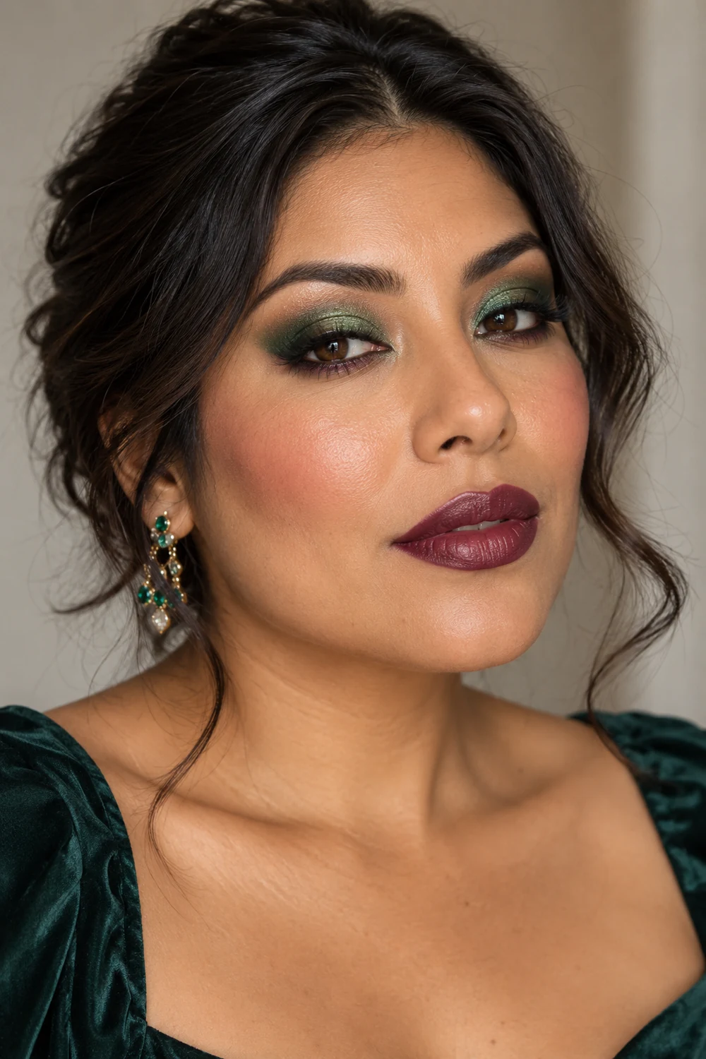 Fictional adult woman with emerald shimmer eyeshadow, rounded forest-green outer corners, plum-brown liner, rosewood blush, and satin plum lipstick.