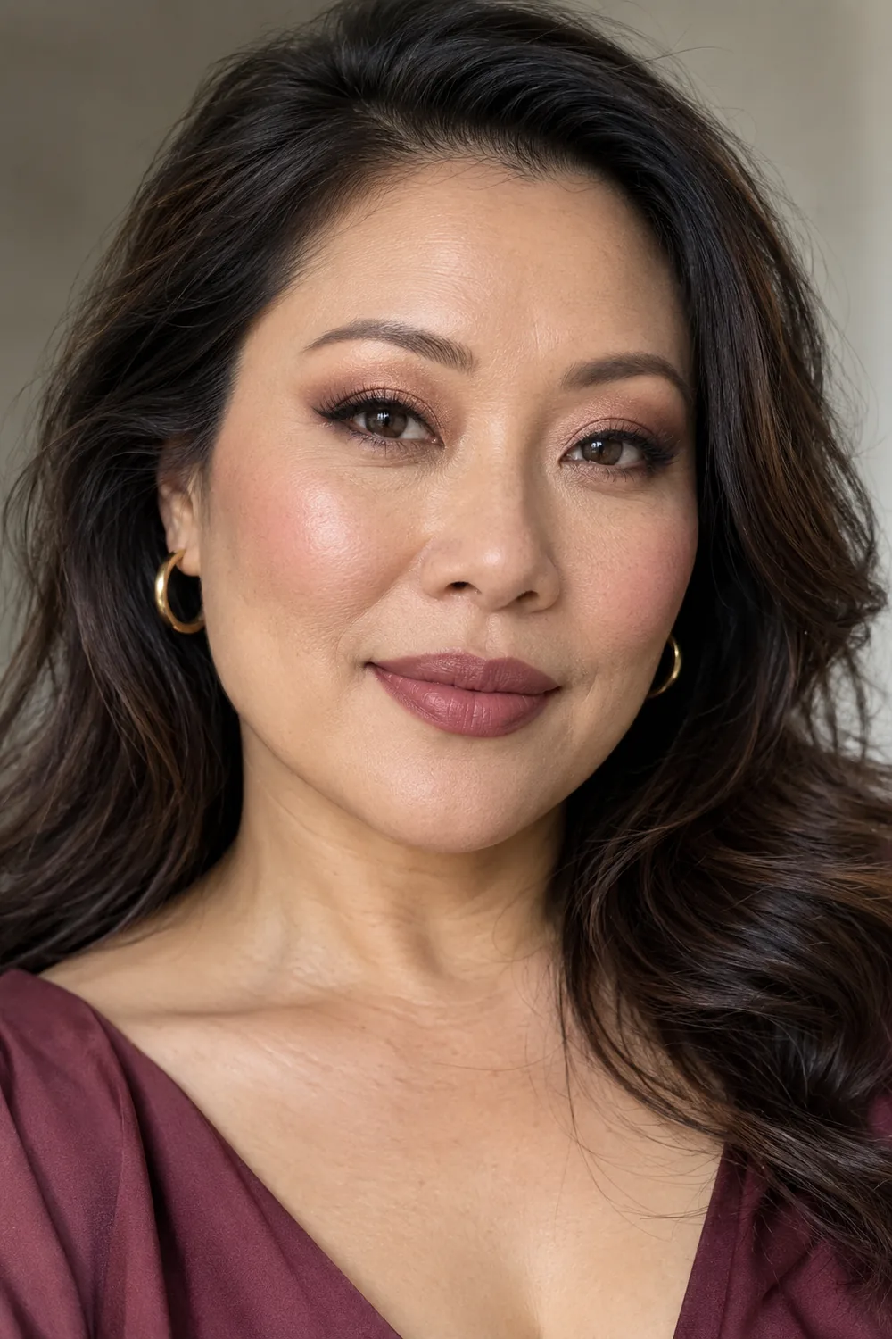 Beauty portrait of an adult Vietnamese woman wearing rose-gold lid shimmer, cocoa crease definition, tapered brown wings, dusty rose blush, and mauve lipstick.