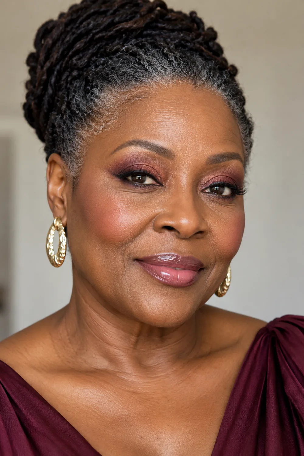 Mature Ghanaian woman with burgundy lash-line shadow fading into rosewood, subtle brown liner, pink blush, and glossy cool pink lips.