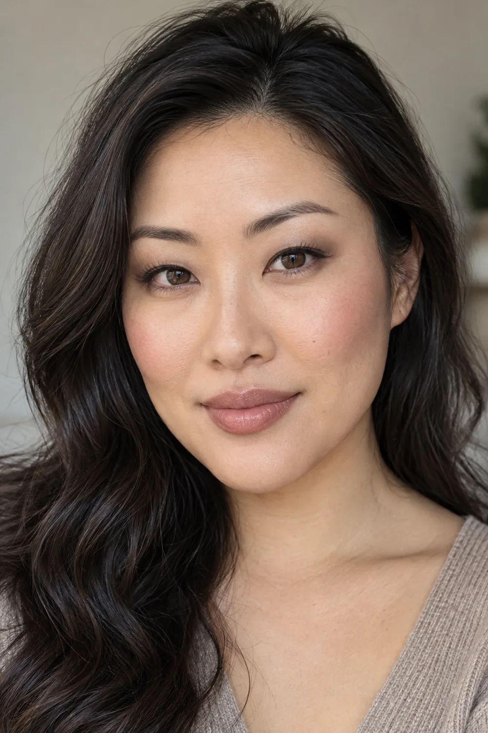 Fictional adult East Asian woman with open hooded brown eyes, wearing soft taupe shadow, fine brown liner, muted rose blush, and satin beige-nude lipstick.