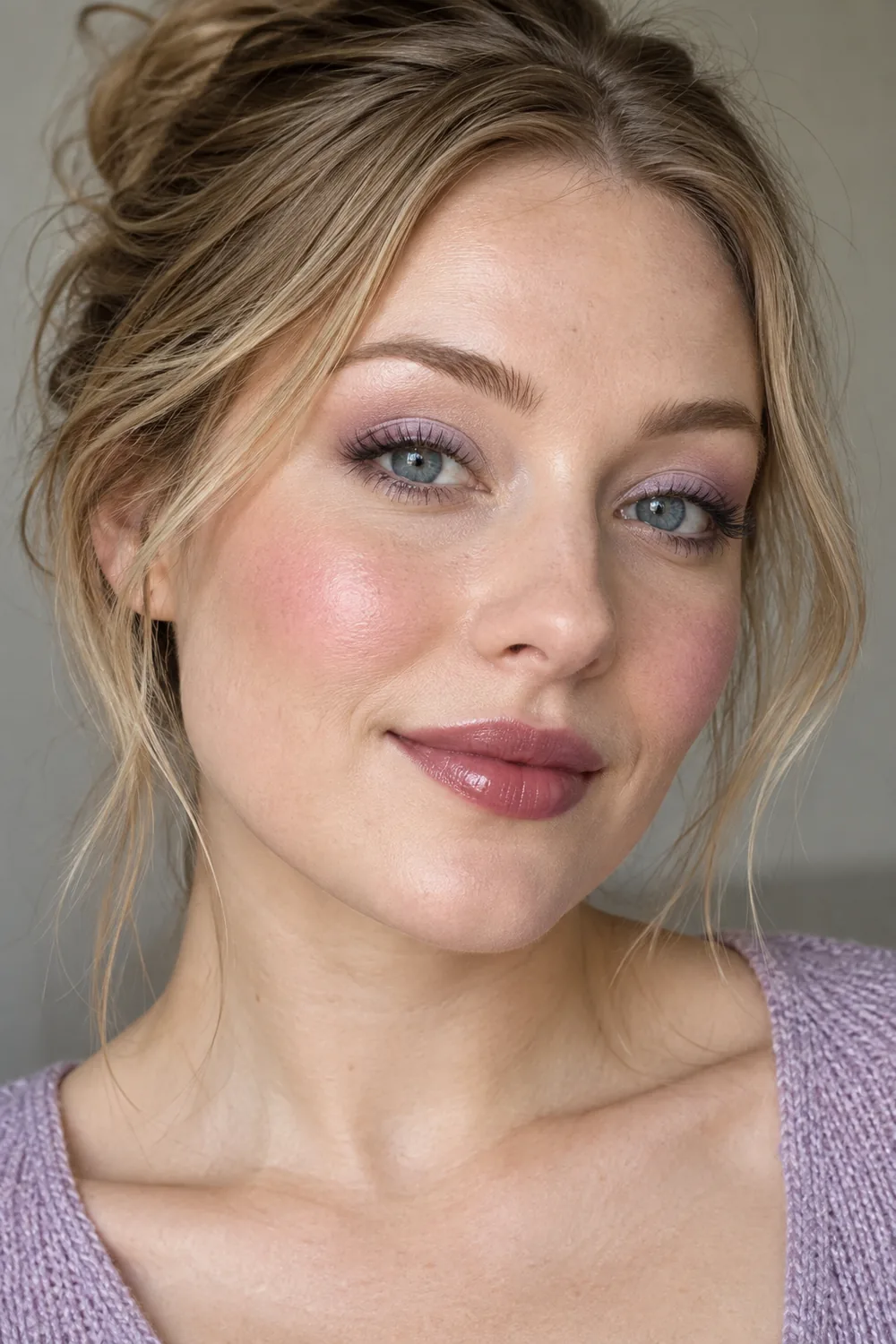 Photorealistic close portrait of an adult woman with open hooded blue-gray eyes, lavender shadow, muted mauve at the outer lash lines, berry-pink blush, and sheer plum lips.