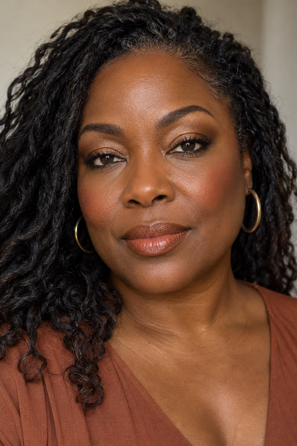 Fictional adult Black woman with open hooded brown eyes wearing bronze shadow, subtle cocoa tightline definition, terracotta blush, and cinnamon-nude satin lipstick.