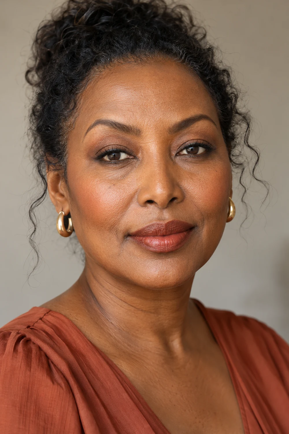 Fictional adult East African woman with open hooded brown eyes, caramel shadow, softly smudged brown lash lines, apricot blush, and satin terracotta lipstick.