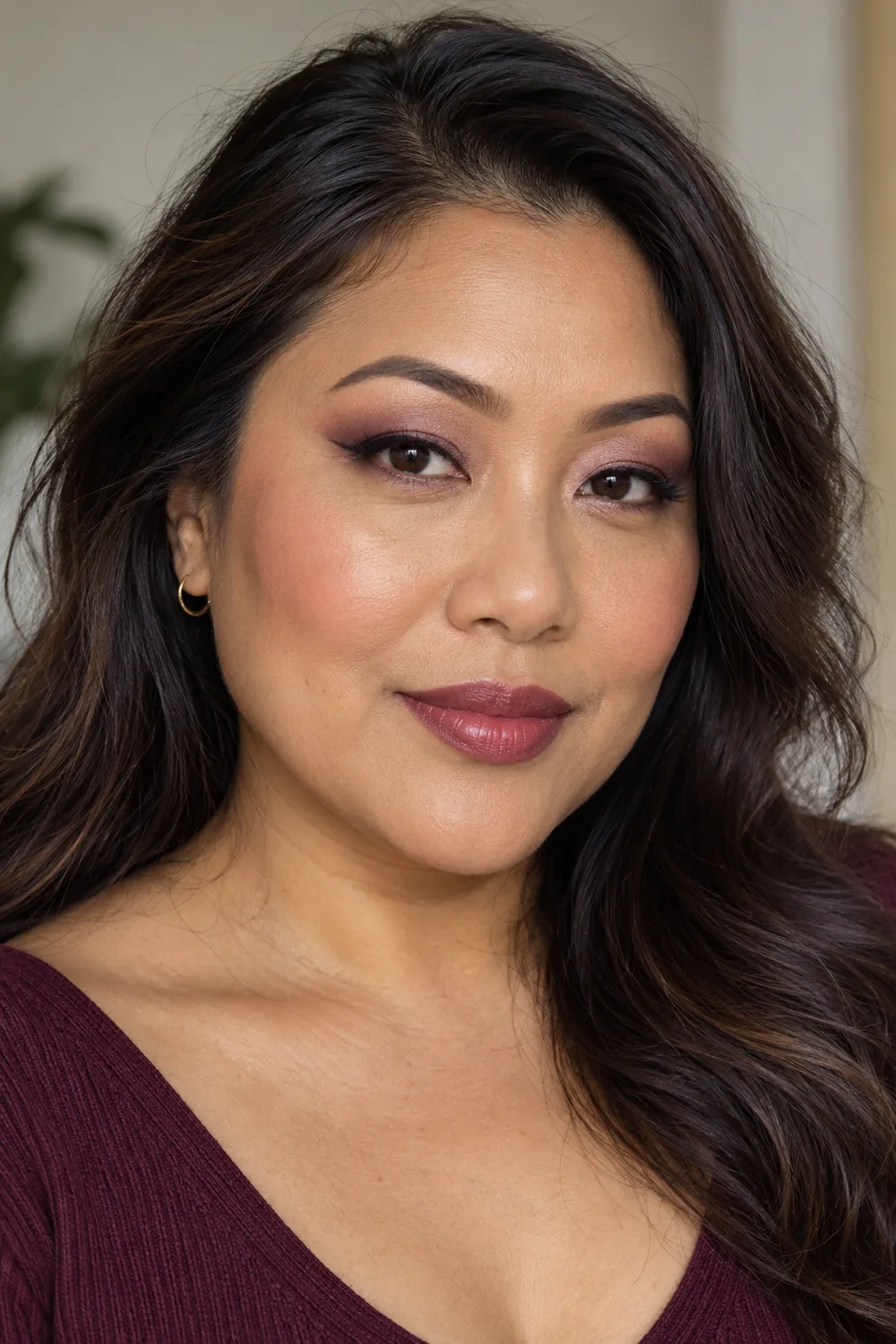 Fictional adult Southeast Asian woman with open hooded dark brown eyes wearing mauve and plum shadow, a narrow plum-brown wing, rose blush, and satin berry lipstick.