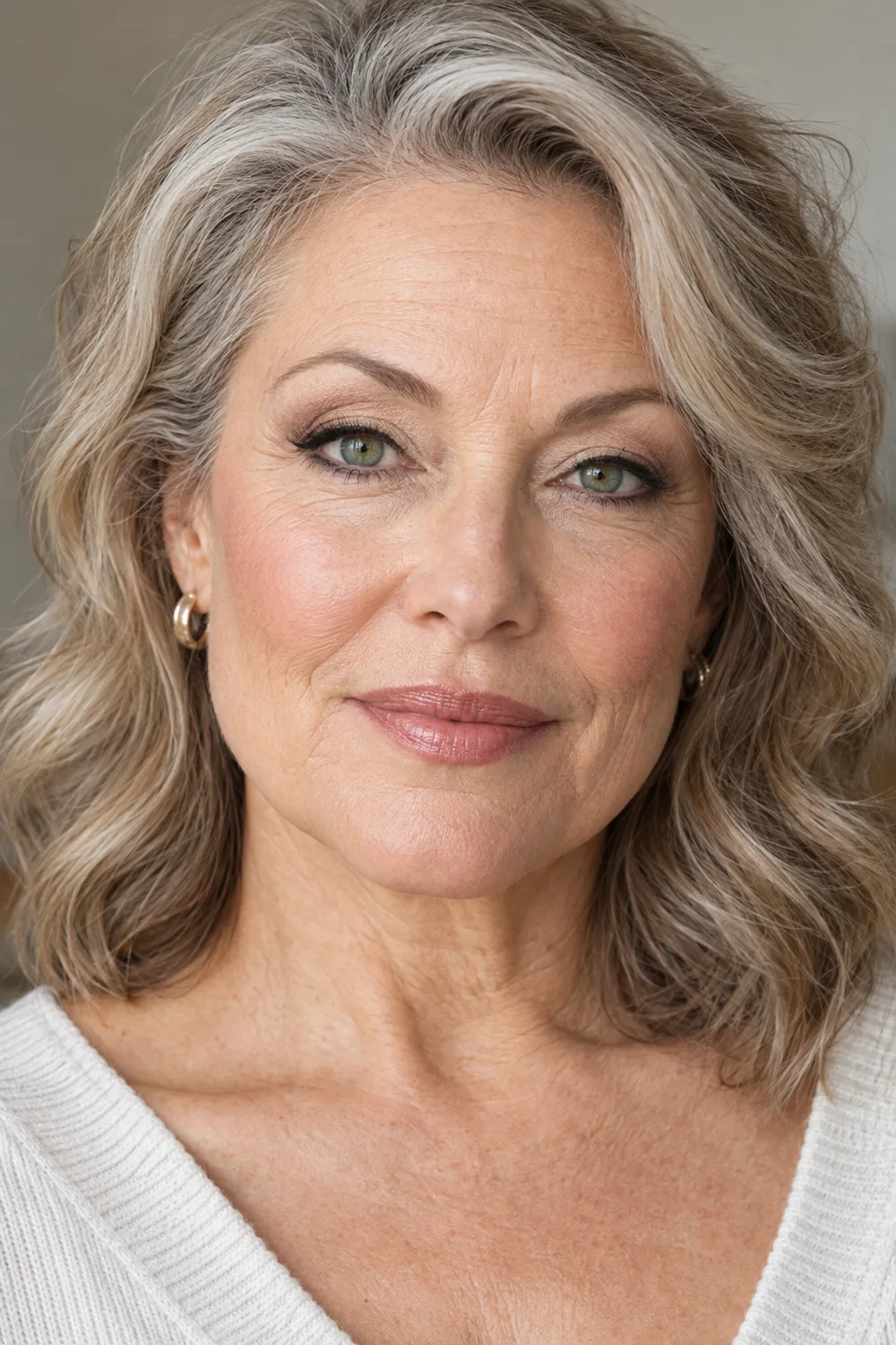Fictional mature woman with open hooded green eyes wearing cream and cocoa shadow, short dark liner, rosy nude blush, and pink-nude satin lipstick.