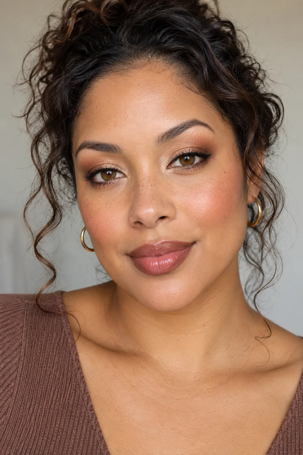 Fictional adult woman with open hooded amber-brown eyes wearing golden-brown shadow, champagne inner-corner brightness, fine bronze liner, warm rose blush, and caramel-rose satin lips.