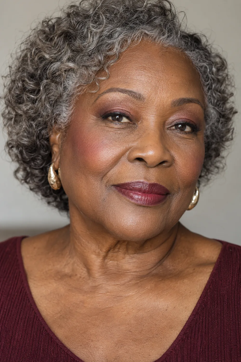Fictional older Black woman with open hooded brown eyes, berry-brown shadow, fine lash-line liner, cool pink blush, and softly blurred berry lipstick.