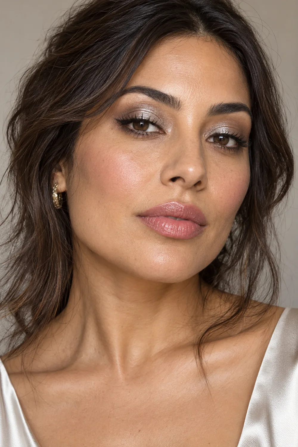 Adult woman with medium olive skin, brown eyes, silver center-lid shimmer, taupe shadow, charcoal liner, rose blush, and sheer pink lips.
