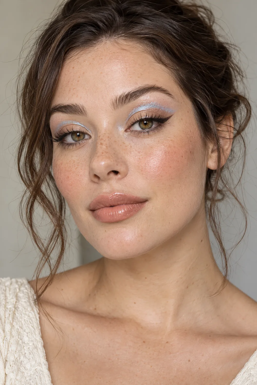 Close portrait of a freckled adult woman with hazel eyes, pale blue floating crease shimmer, soft brown winged liner, peach blush, and warm nude lips.