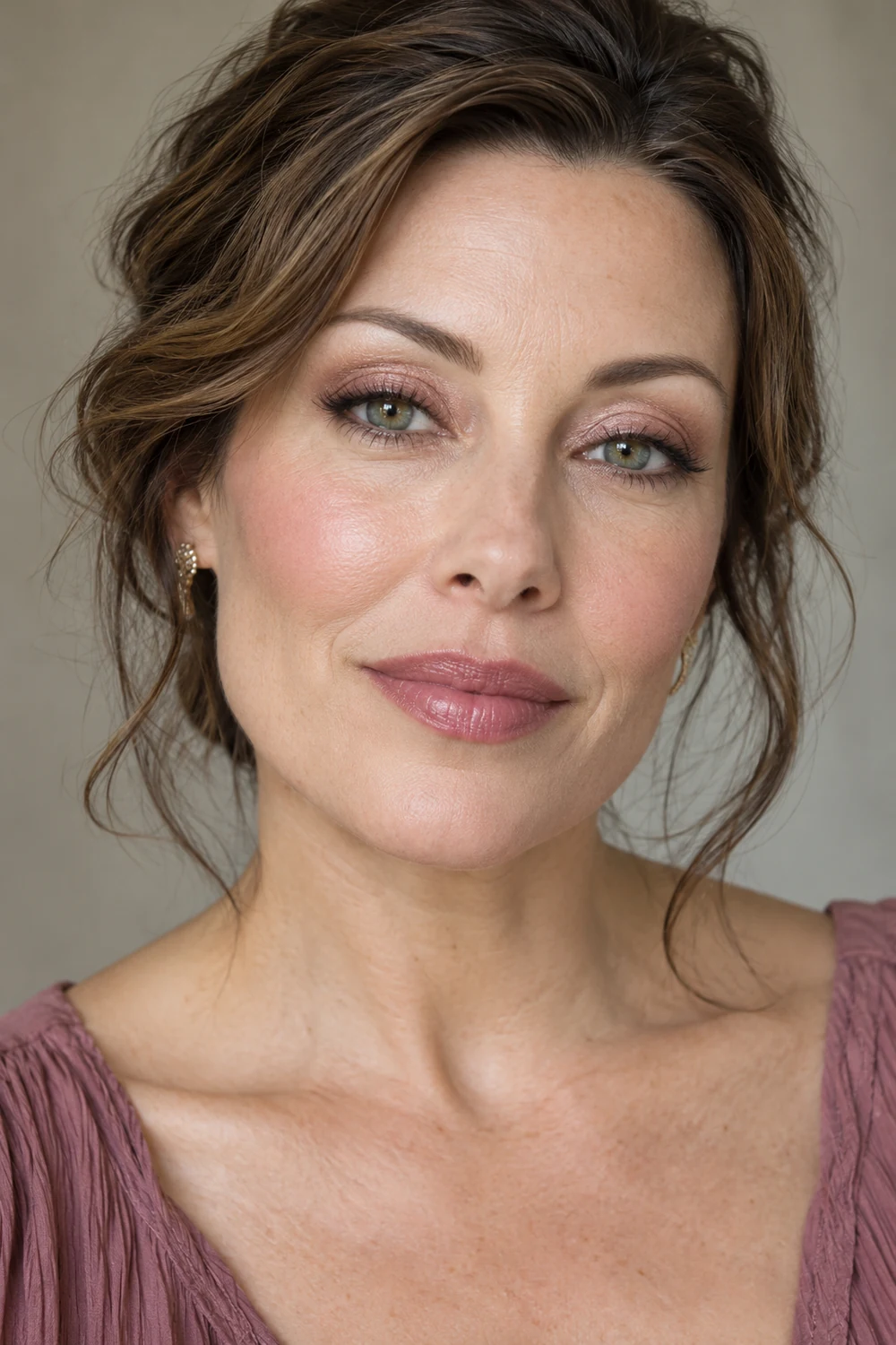 Adult woman with green eyes wearing rose shimmer across the lids, rounded brown liner, soft rose blush, and muted mauve lips.