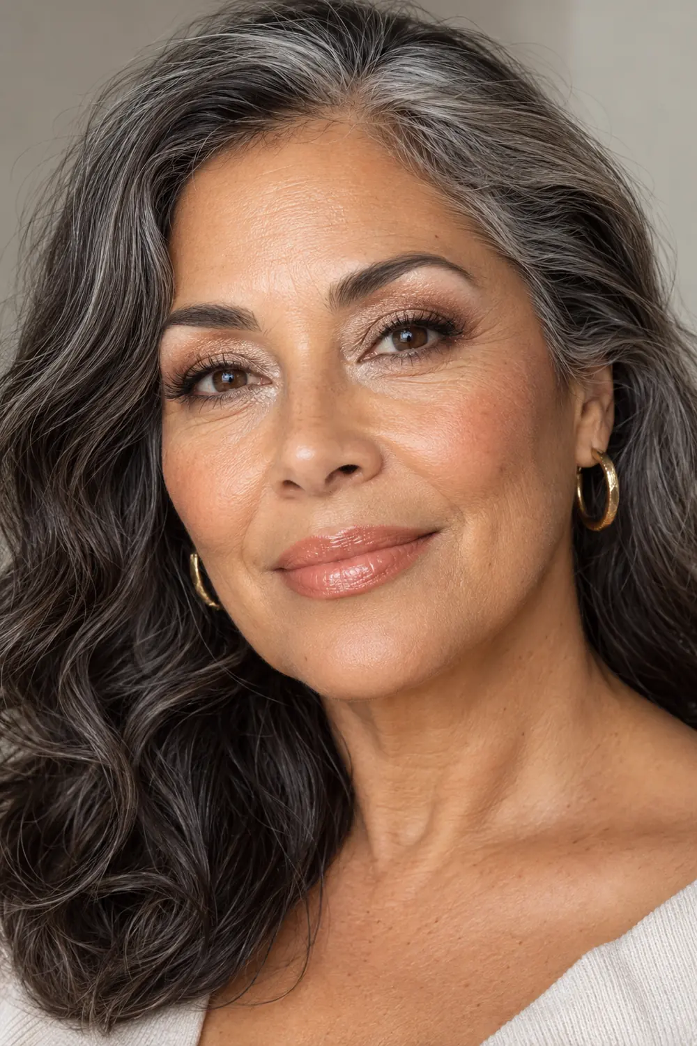 Mature woman with silver-streaked dark hair, pearl brow-bone and inner-corner highlight, bronze lids, smudged brown liner, apricot blush, and satin peach lips.