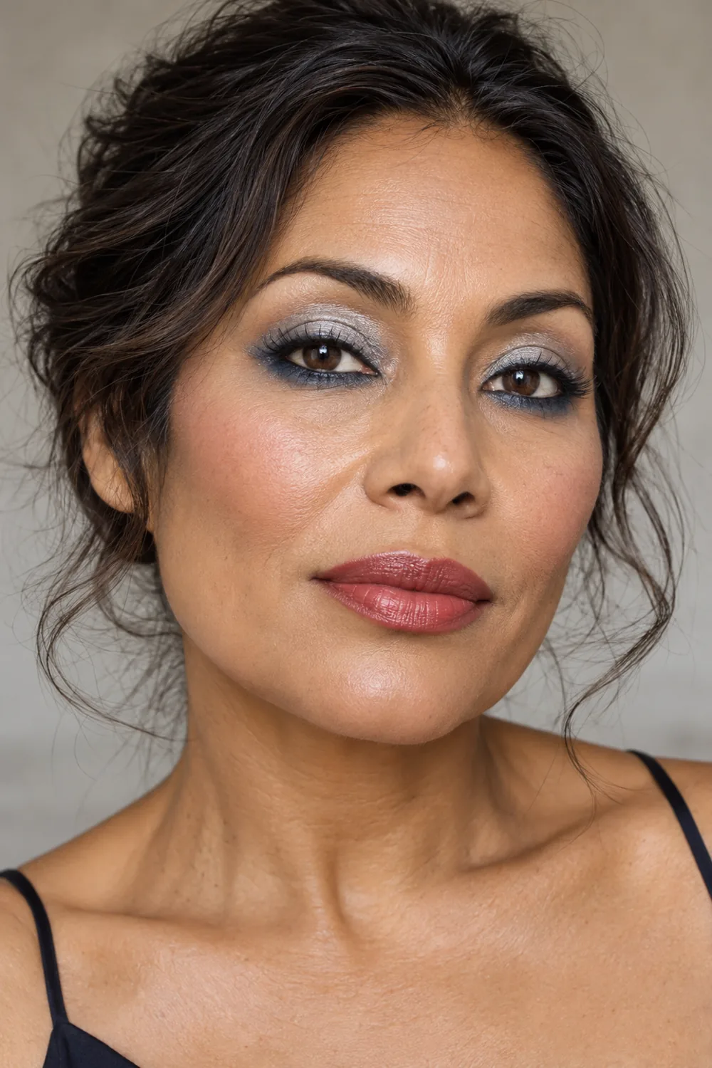 Adult woman with icy silver upper-lid shimmer, charcoal tightline, tapered navy lower-lash smudge, dusty rose blush, and muted red satin lips.