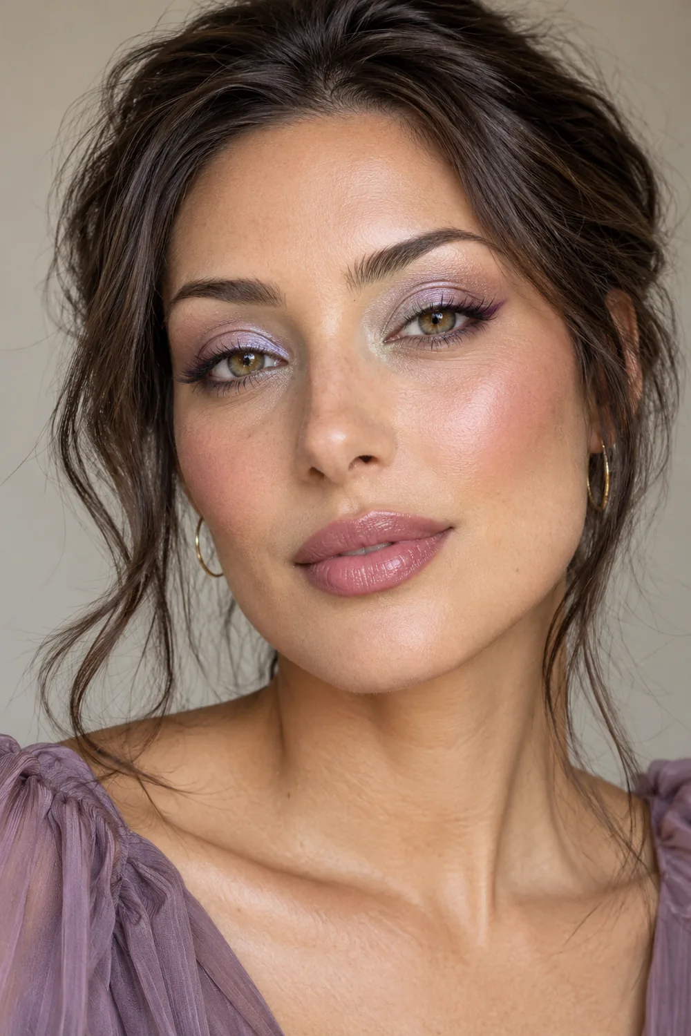 Close portrait of an adult woman with opal lilac and green shimmer across her eyelids, lifted plum liner, pink blush, and mauve satin lips.