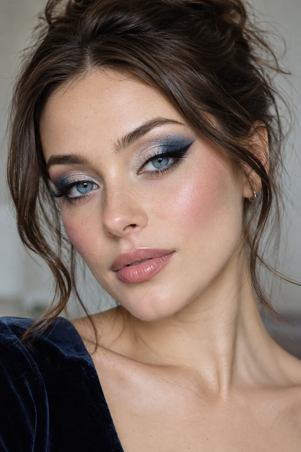Adult woman with blue eyes, pale beige inner-lid shimmer, sapphire outer-lid frost and winged liner, soft plum blush, and neutral pink satin lips.