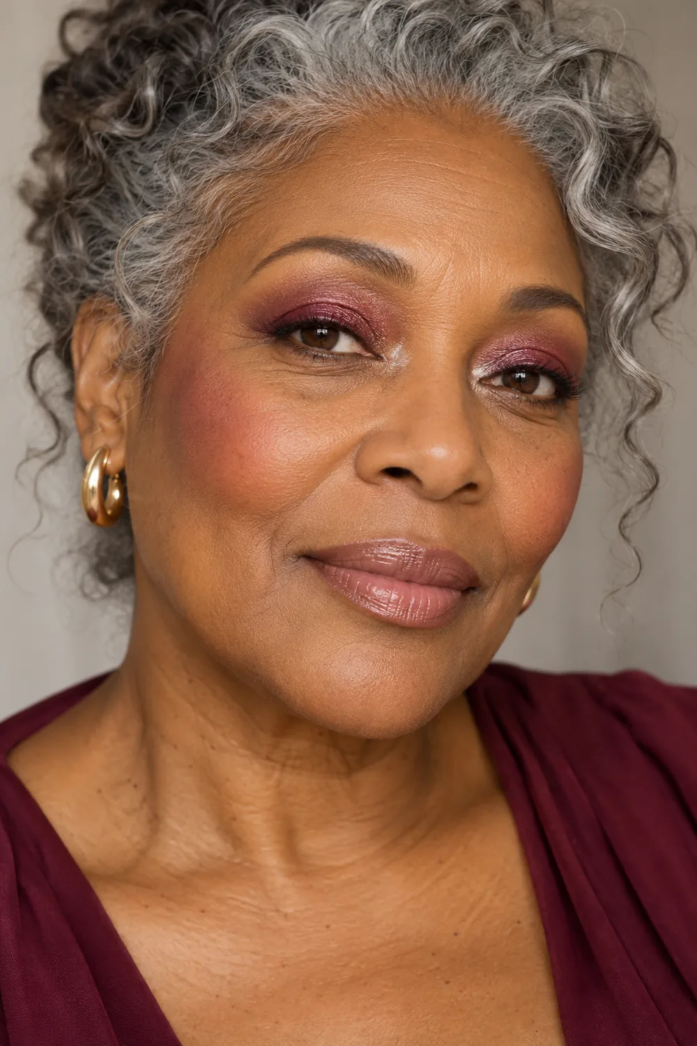 Mature woman with warm deep skin, cranberry shimmer eyeshadow, icy inner-corner highlights, curved brown liner, berry blush, and nude satin lips.