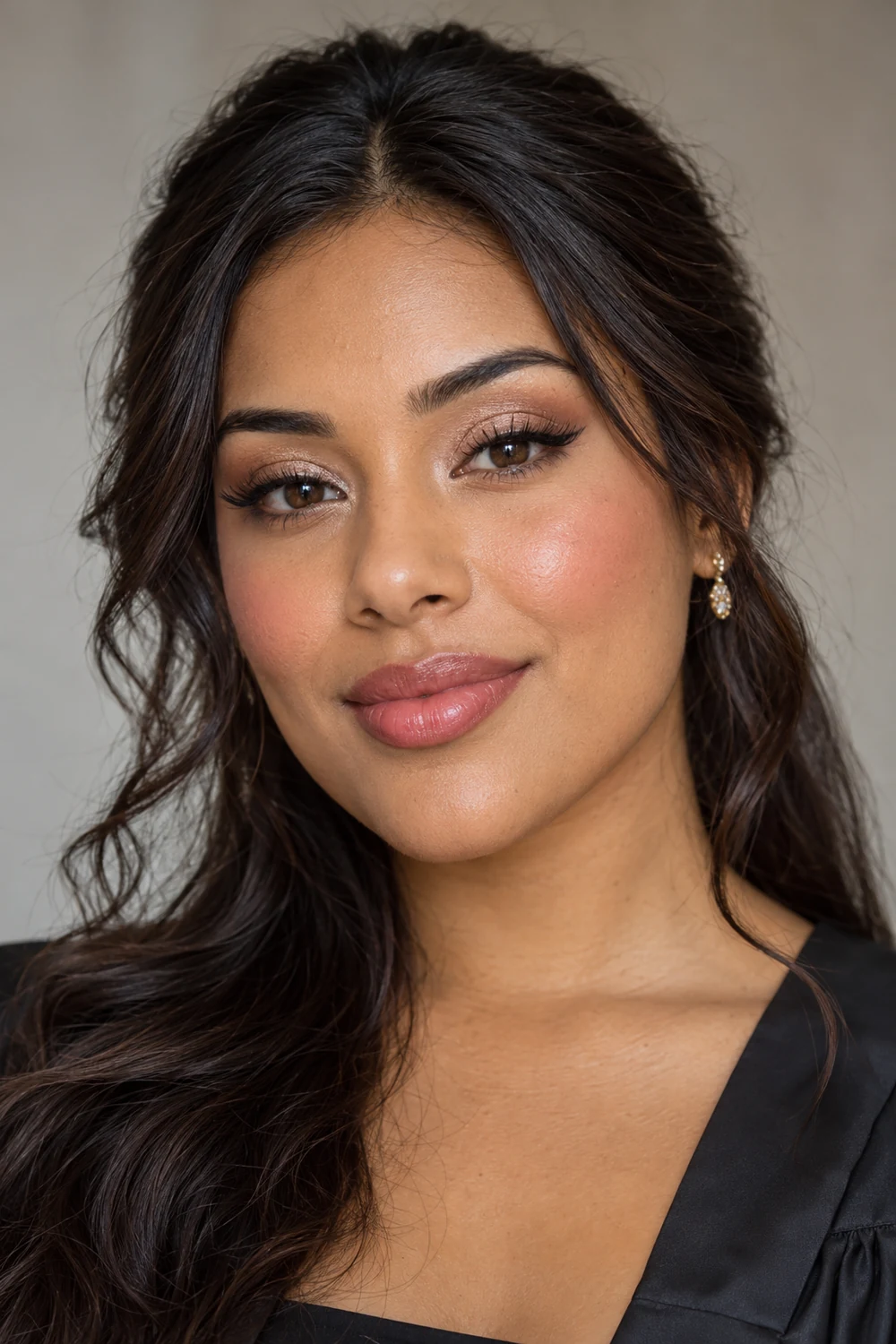 Close vertical portrait of an adult woman with champagne shimmer eyes, warm taupe crease, fine brown winged liner, rose cheek color, and satin rose lipstick.