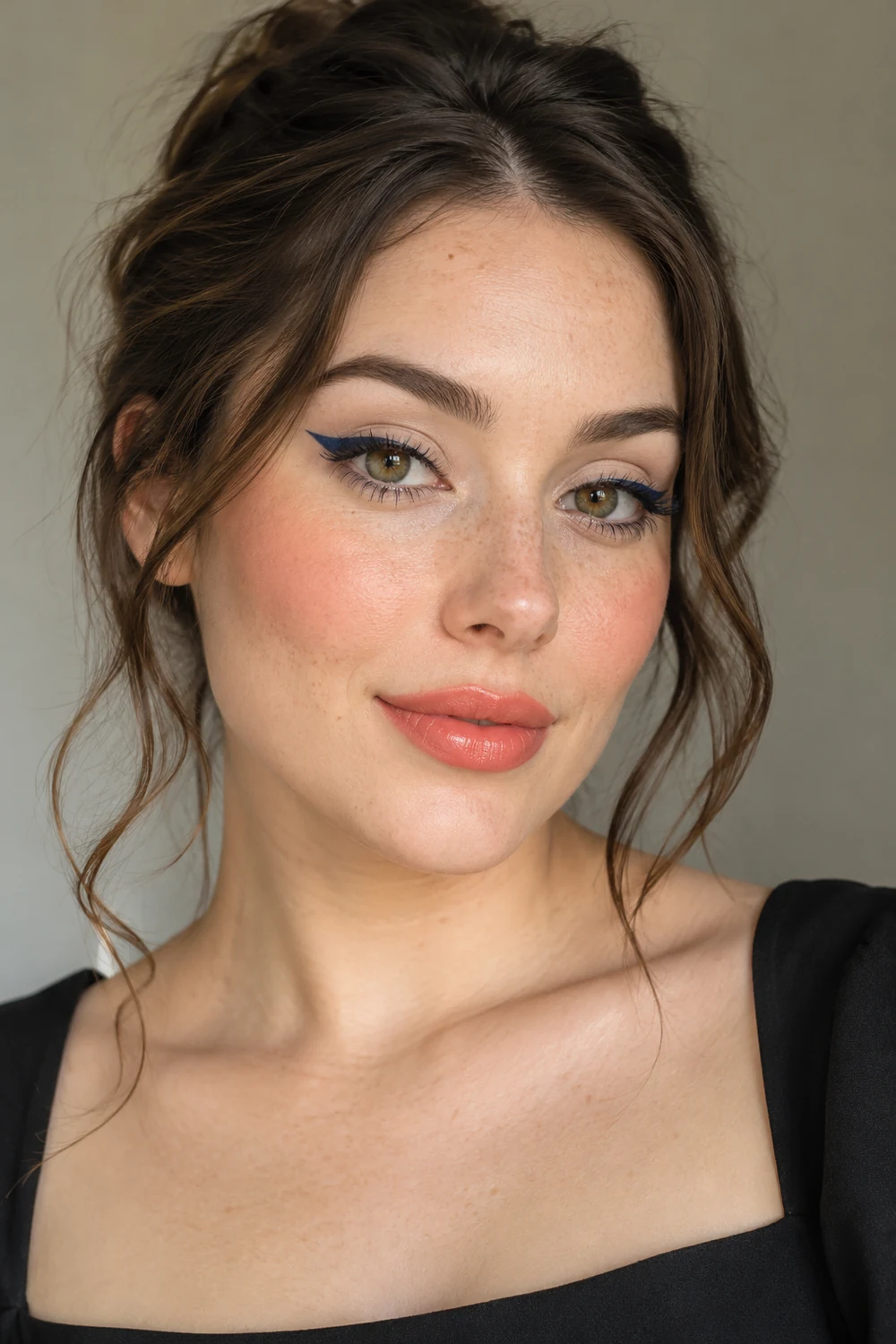 Freckled adult woman with hazel eyes wearing sharp navy winged liner, peach-coral blush, and satin coral lipstick.