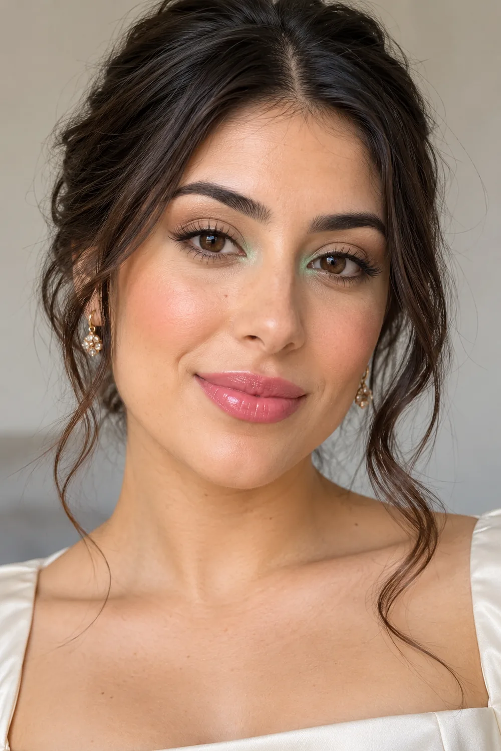 Close portrait of an adult woman wearing mint inner-corner shadow, brown lash-line liner, apricot blush, and glossy pink lipstick.