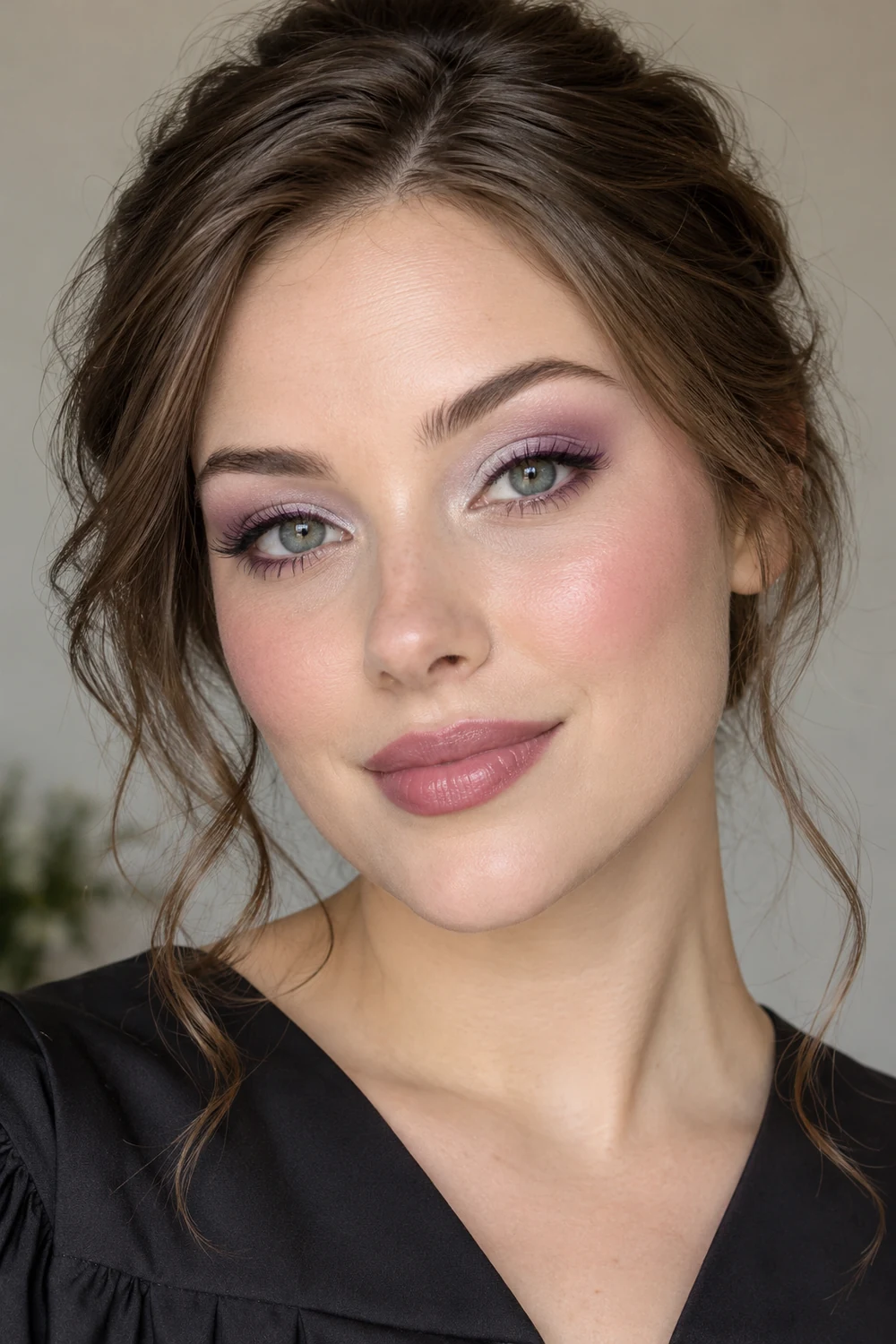 Adult woman with gray-green eyes, lavender crease shadow, plum upper liner, cool pink blush, and satin mauve lipstick, wearing a plain black formal neckline.