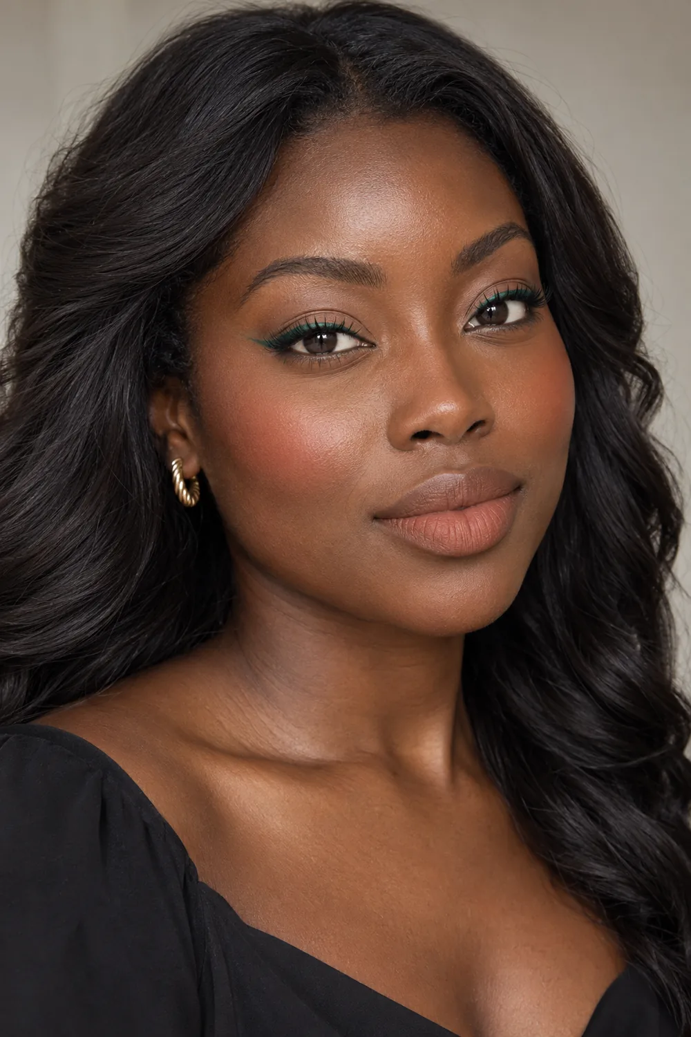 Adult woman with deep ebony skin, fine emerald upper liner, peach blush swept toward the temples, and warm nude matte lipstick.