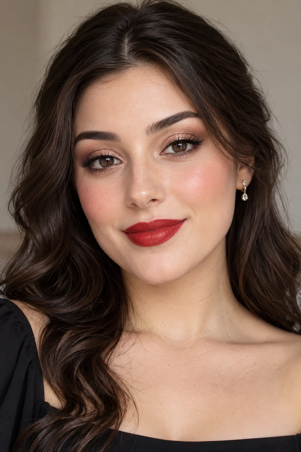 Adult woman with rose-gold shimmer lids, subtle dark lash definition, rose blush, and red satin lipstick.