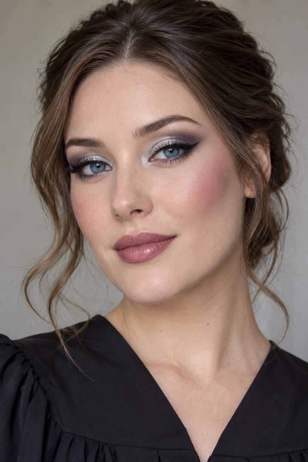 Adult woman with blue eyes wearing silver inner-lid shimmer, slate outer shadow, fine charcoal wings, plum blush, and muted mauve lipstick.
