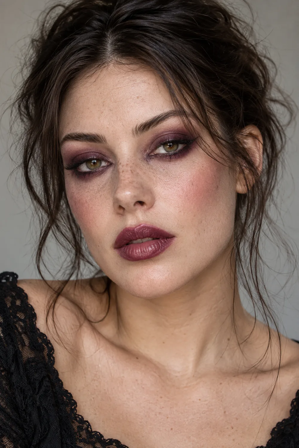 Photorealistic portrait of an adult woman with freckles, hazel eyes, plum shadow and smudged liner, mauve blush, and blurred berry lips.
