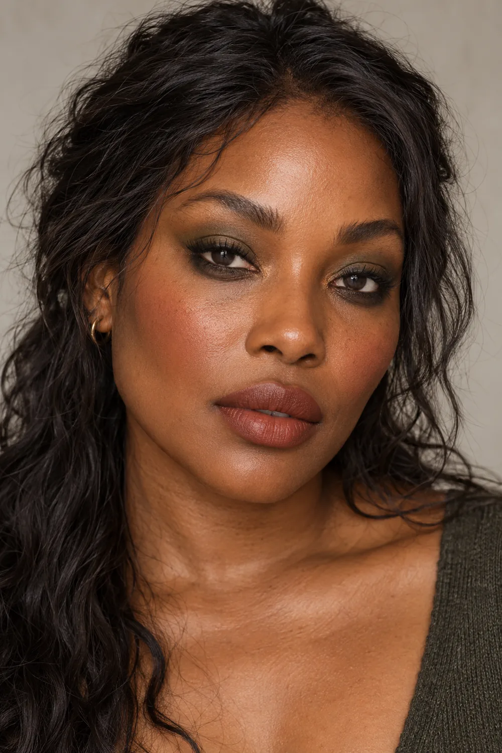 Vertical beauty portrait of an adult woman wearing olive shadow, bronze inner corners, rounded smudged brown liner, terracotta blush, and muted brick lips.