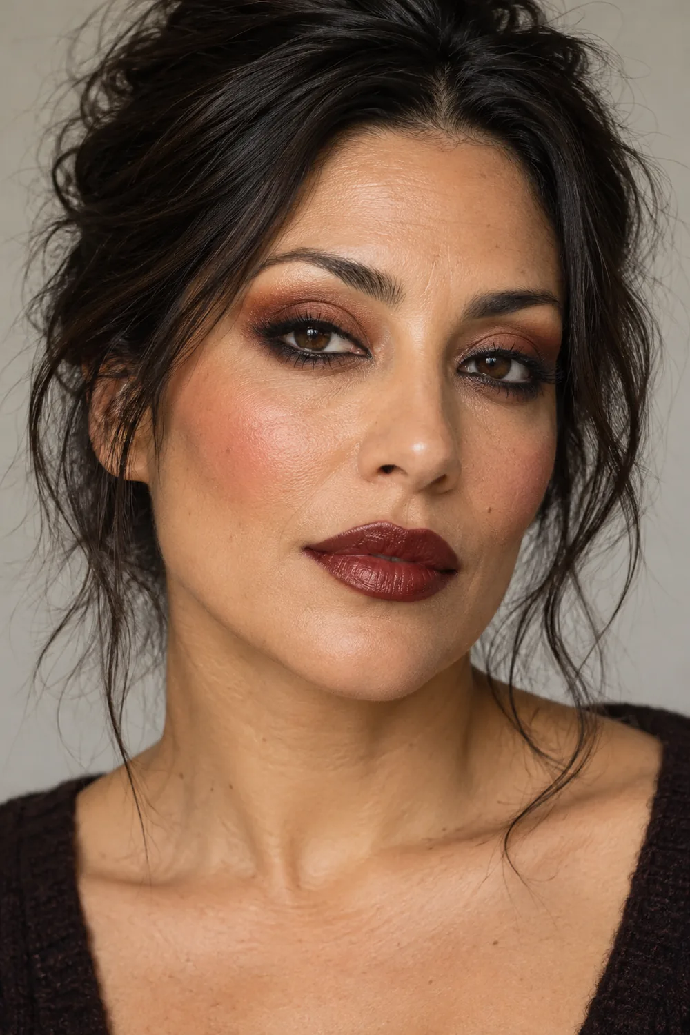 Adult woman with rust shadow, smudged black eyeliner, apricot blush, and deep wine satin lips.