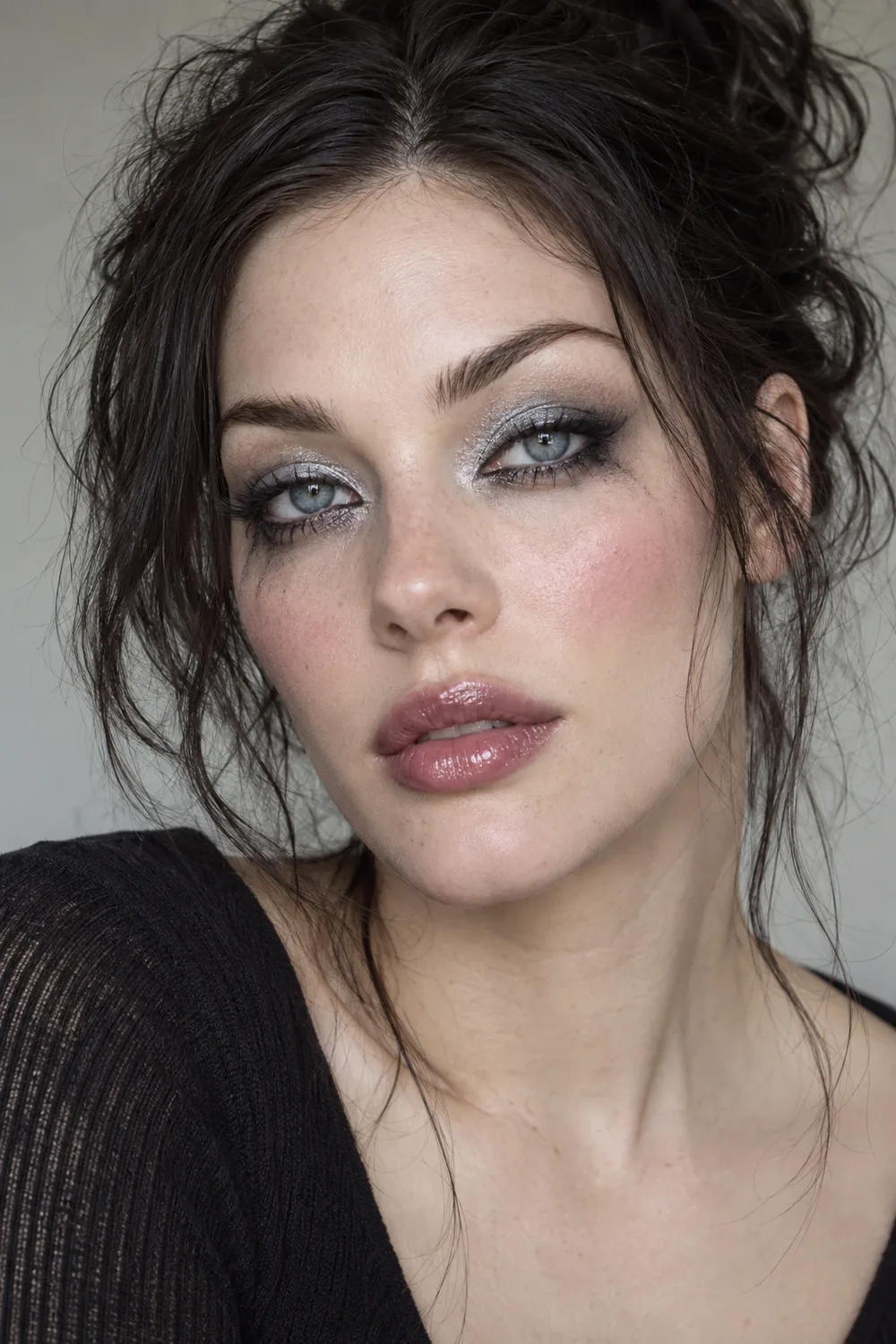 Adult woman with blue-grey eyes, silver inner lid shimmer, slate outer shadow, smudged black liner, soft low pink blush, and glossy mauve lips.