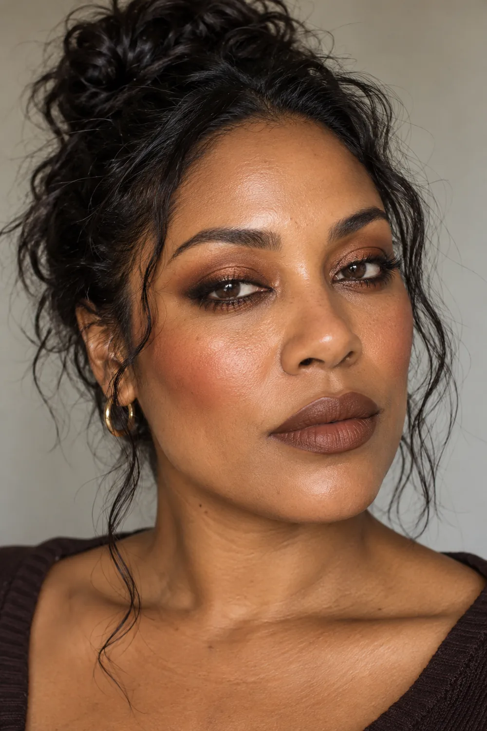 Vertical beauty portrait of an adult woman with copper lid and lower lash shadow, smudged rounded espresso liner, cinnamon blush, and matte brown lips.
