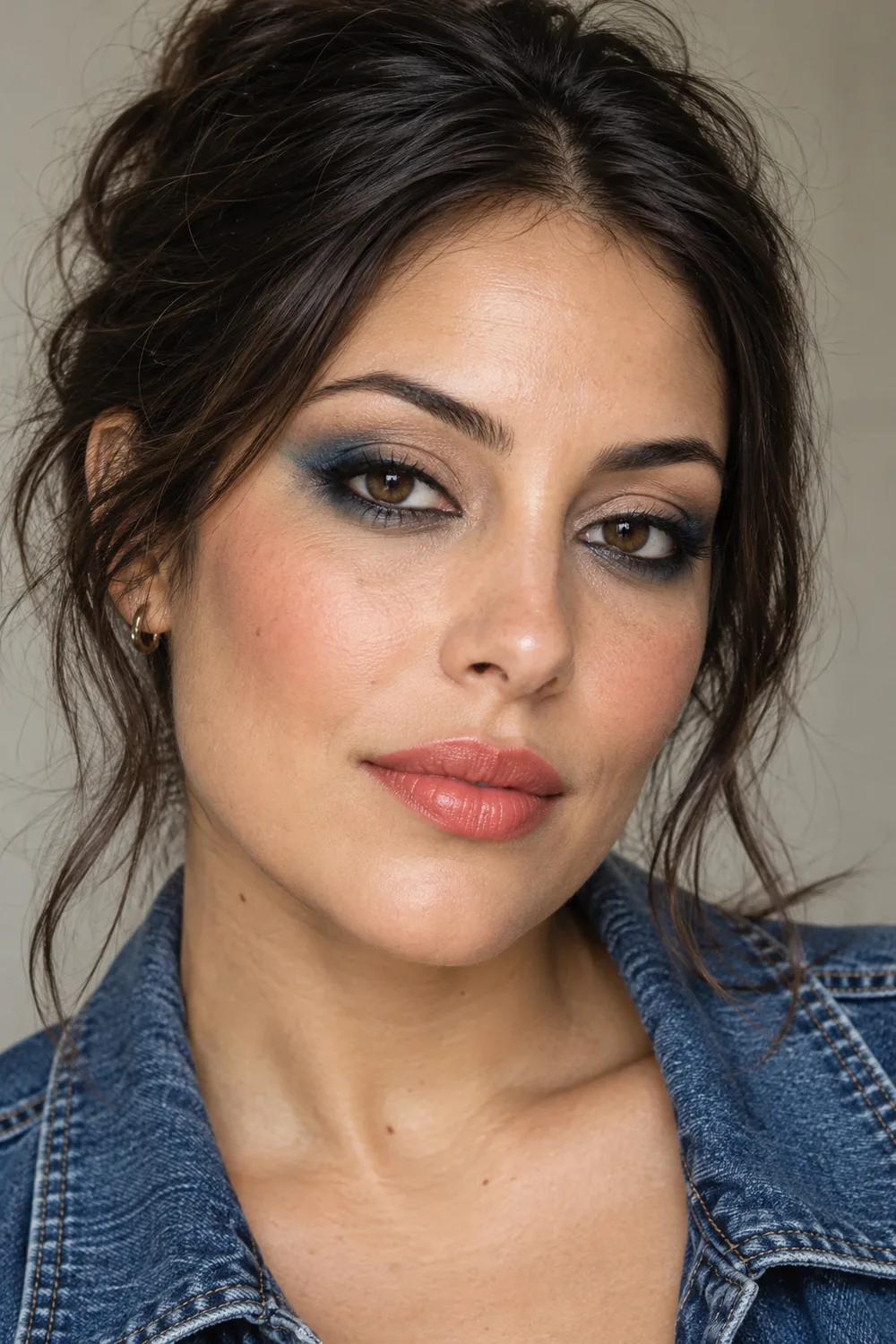 Close portrait of an adult woman wearing denim blue outer shadow, blurred black liner, beige inner lids, coral blush, and soft coral lipstick.