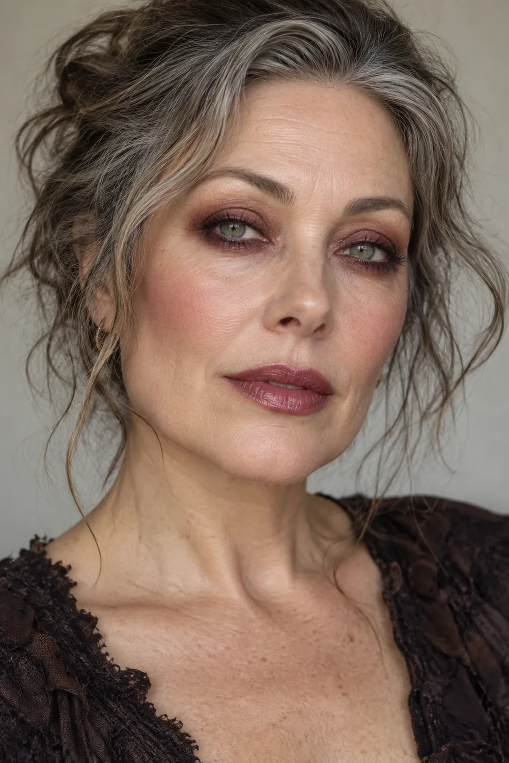 Mature woman with grey-green eyes, red-brown halo shadow, smudged black liner, dusty rose blush, and sheer plum lips.