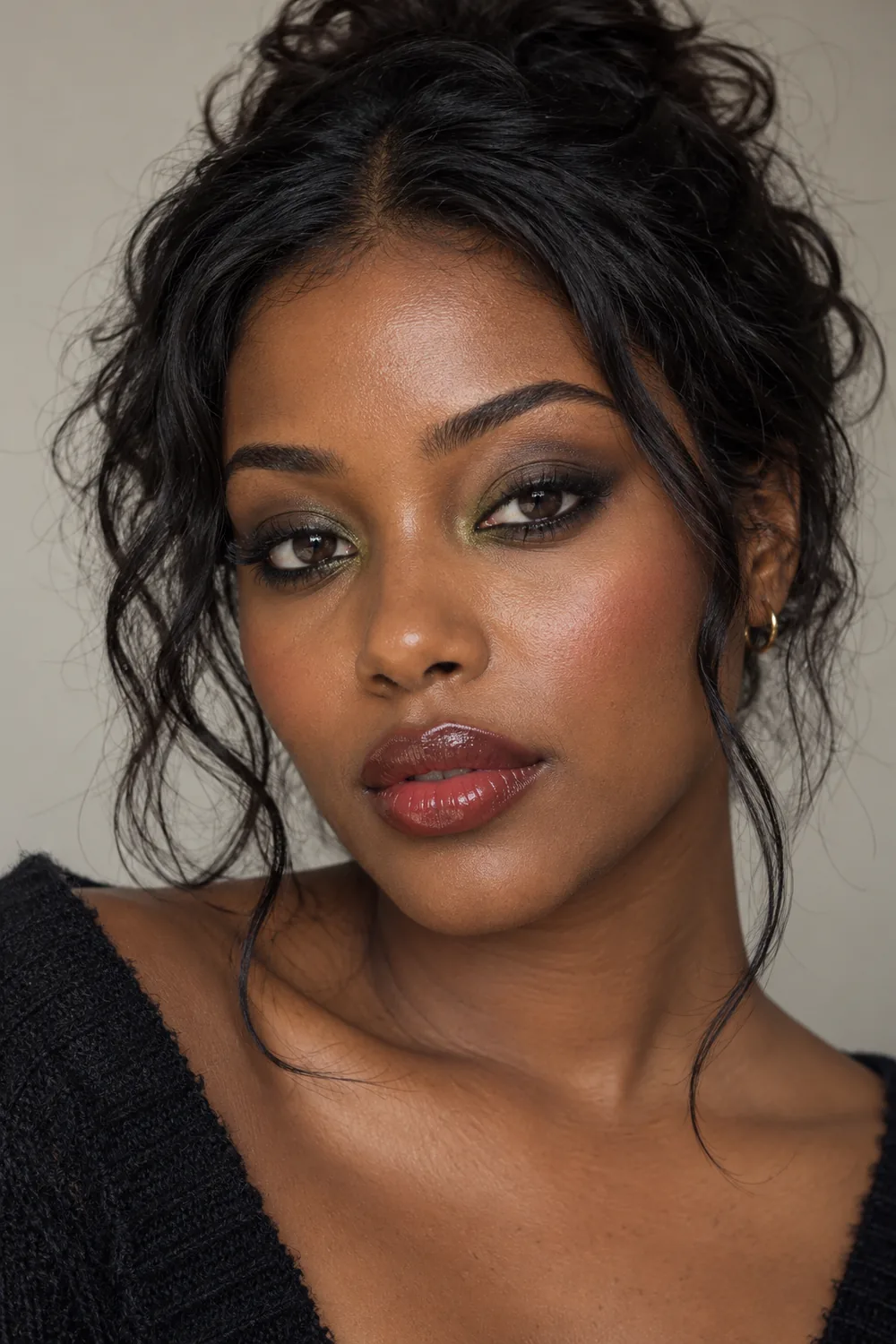Beauty portrait of an adult woman with moss green inner-corner shadow, charcoal outer lids, smudged straight black liner, soft beige blush, and glossy muted red lips.