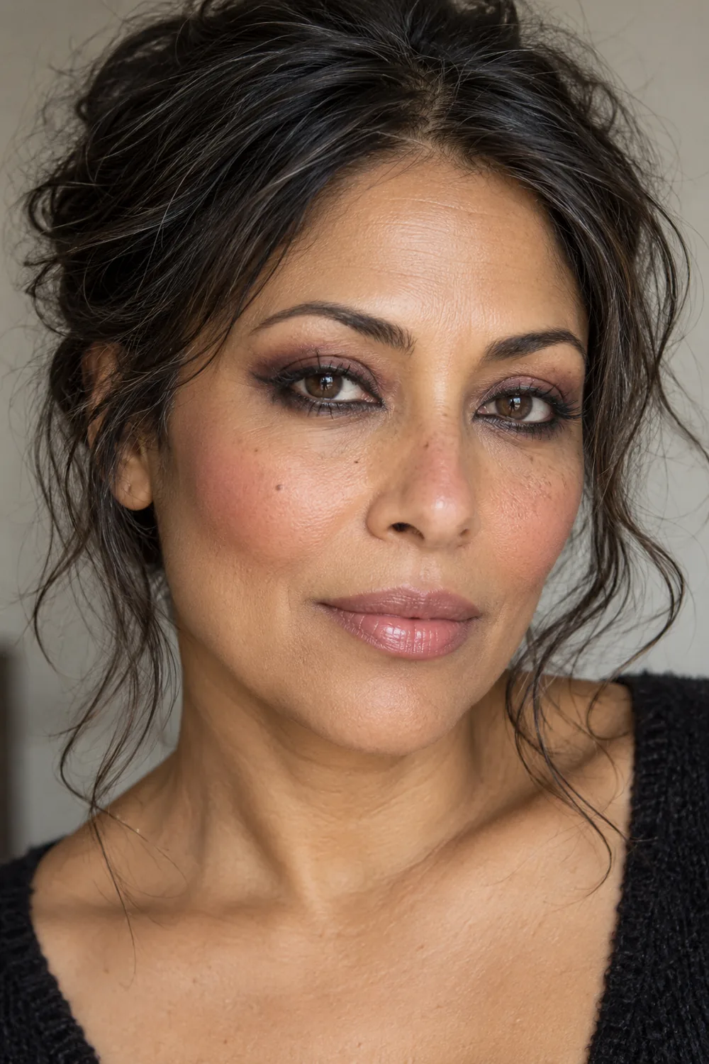 Close portrait of an adult woman with smudged black liner, dusky mauve outer-corner shadow, rose blush across her nose and cheeks, and pale pink glossy balm lips.