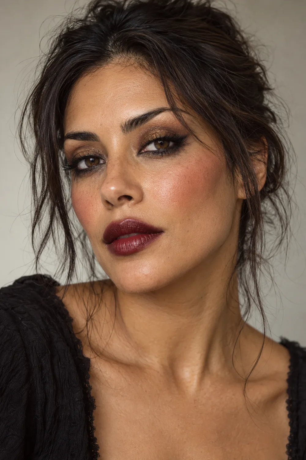 A woman with warm tan skin and brown eyes wearing smoky brown shadow, gold lid flecks, smudged black liner, high blush, and dark cherry satin lipstick.