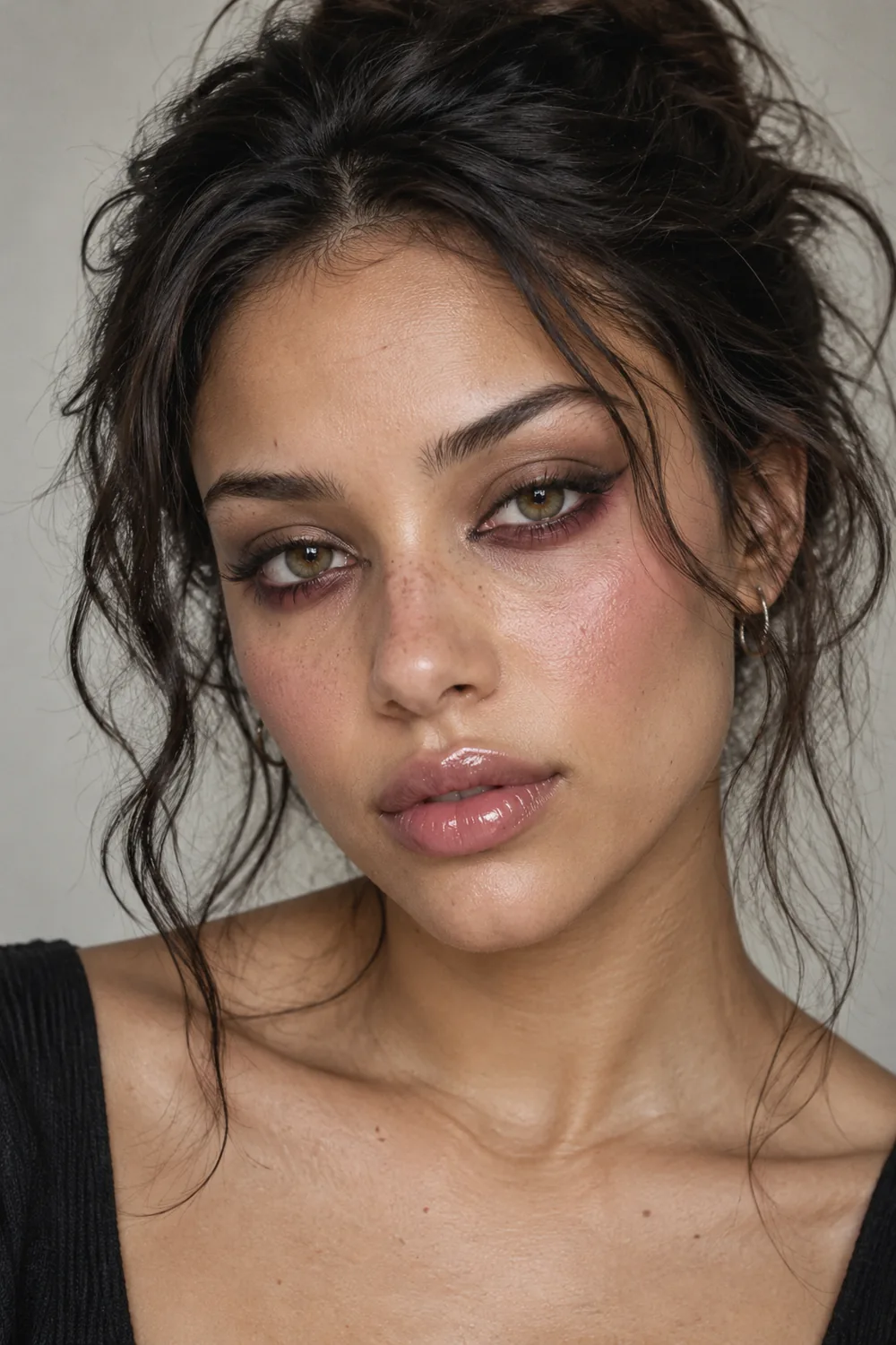 Vertical beauty portrait of an adult woman with hazel eyes, rose shadow below the lashes, hazy brown lids, smudged black liner with a short wing, berry blush, and glossy lips.