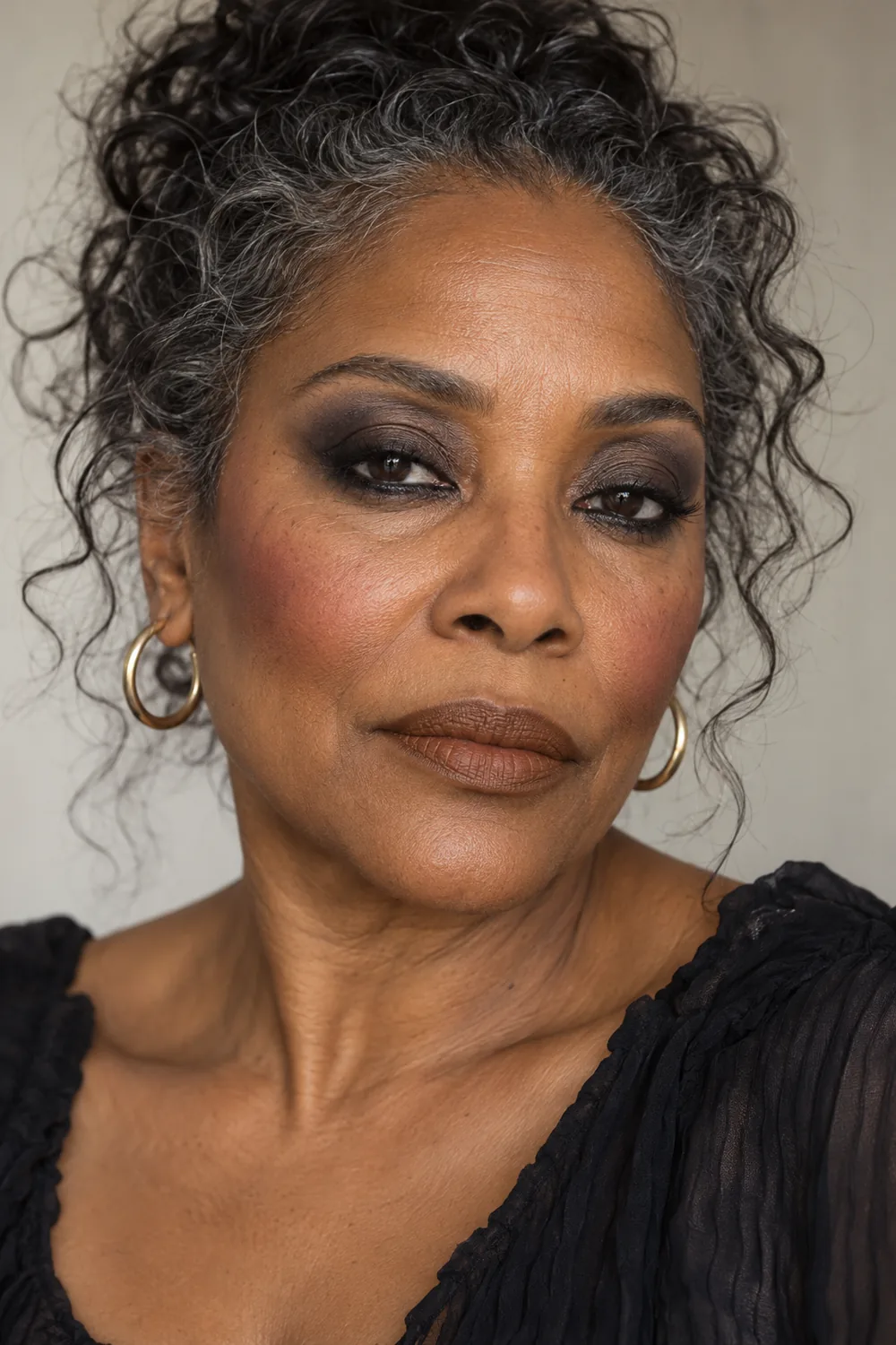 Mature adult woman with deep brown skin, charcoal crescent shadow, smudged dark liner, plum blush, and matte brown lips.