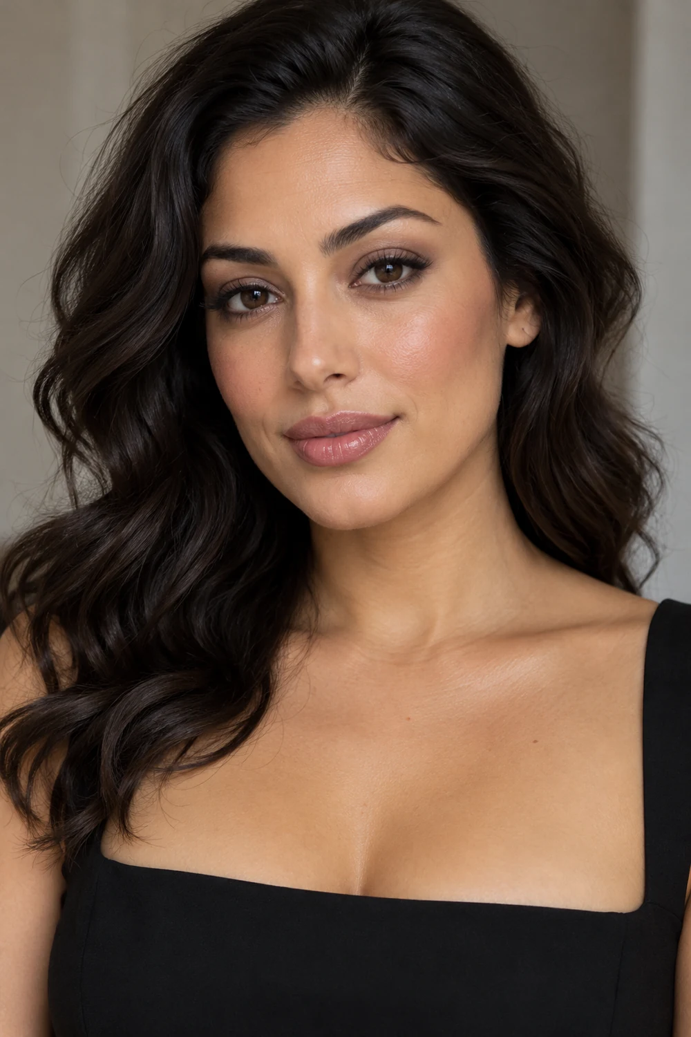 Fictional adult woman with dark wavy hair wearing a black square-neck dress, taupe eyeshadow, fine brown liner, rose blush, and a sheer pink-beige lip.