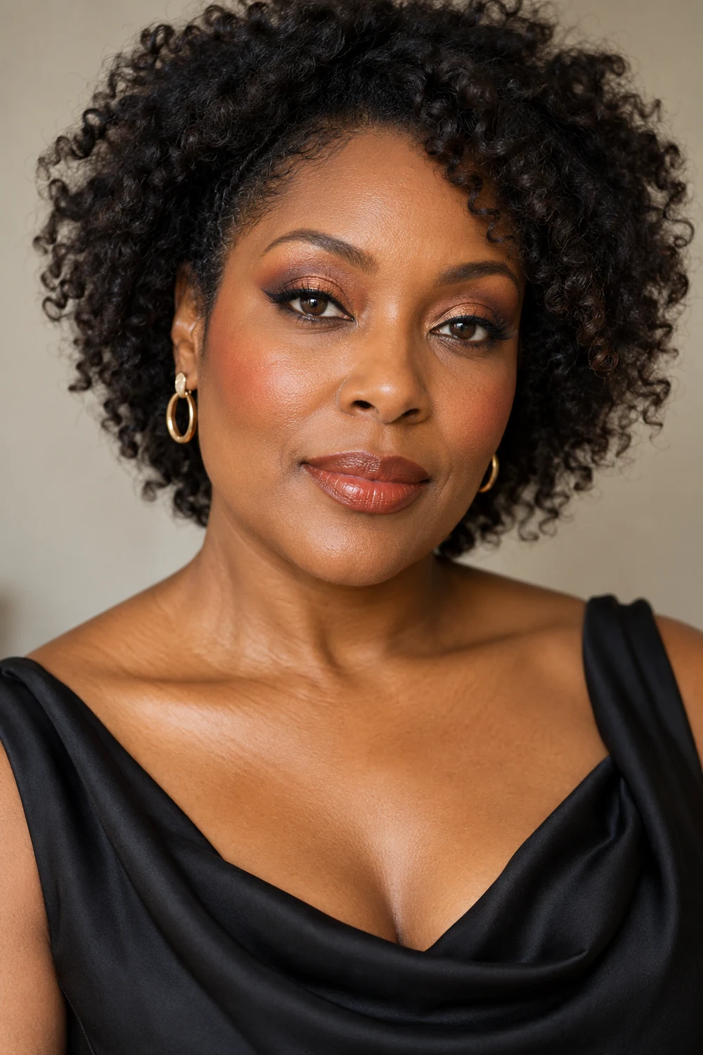 Fictional adult woman with warm deep-brown skin and coiled hair wearing a black draped-neck dress, copper and bronze eye makeup, fine black wings, terracotta blush, and cinnamon satin lipstick.
