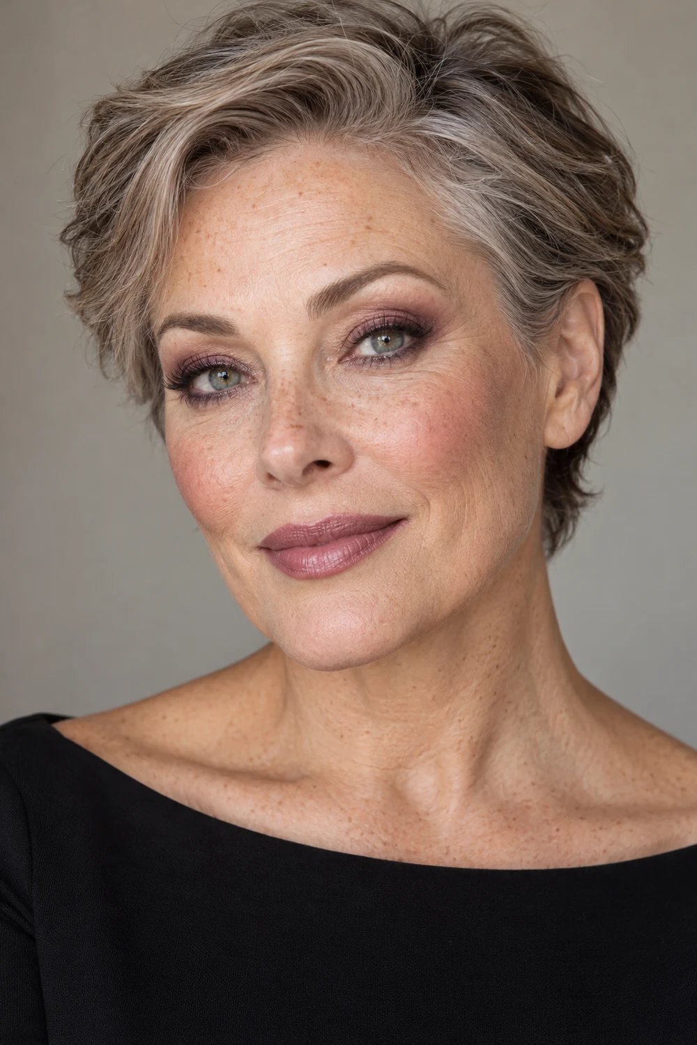 Fictional mature woman with short silver-brown hair wearing a black boat-neck dress, plum smoky eye makeup, berry blush, and muted mauve lipstick.