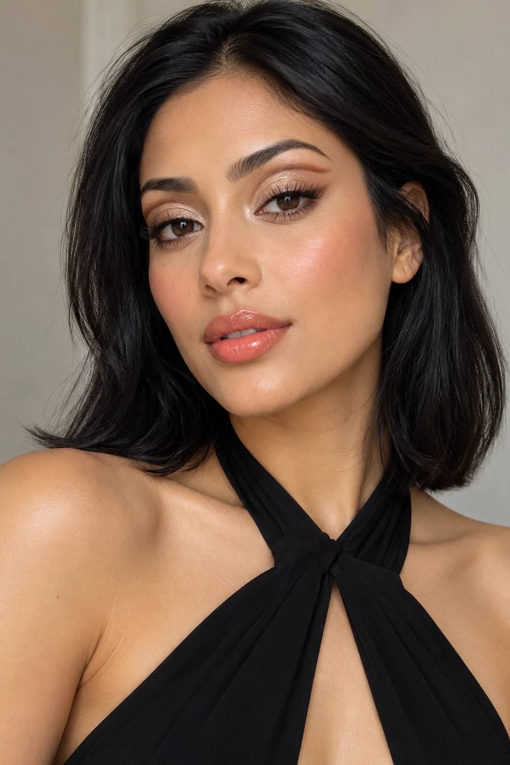 Fictional adult woman in a black halter dress with champagne shimmer, a floating bronze crease line, peach blush, and sheer coral gloss.