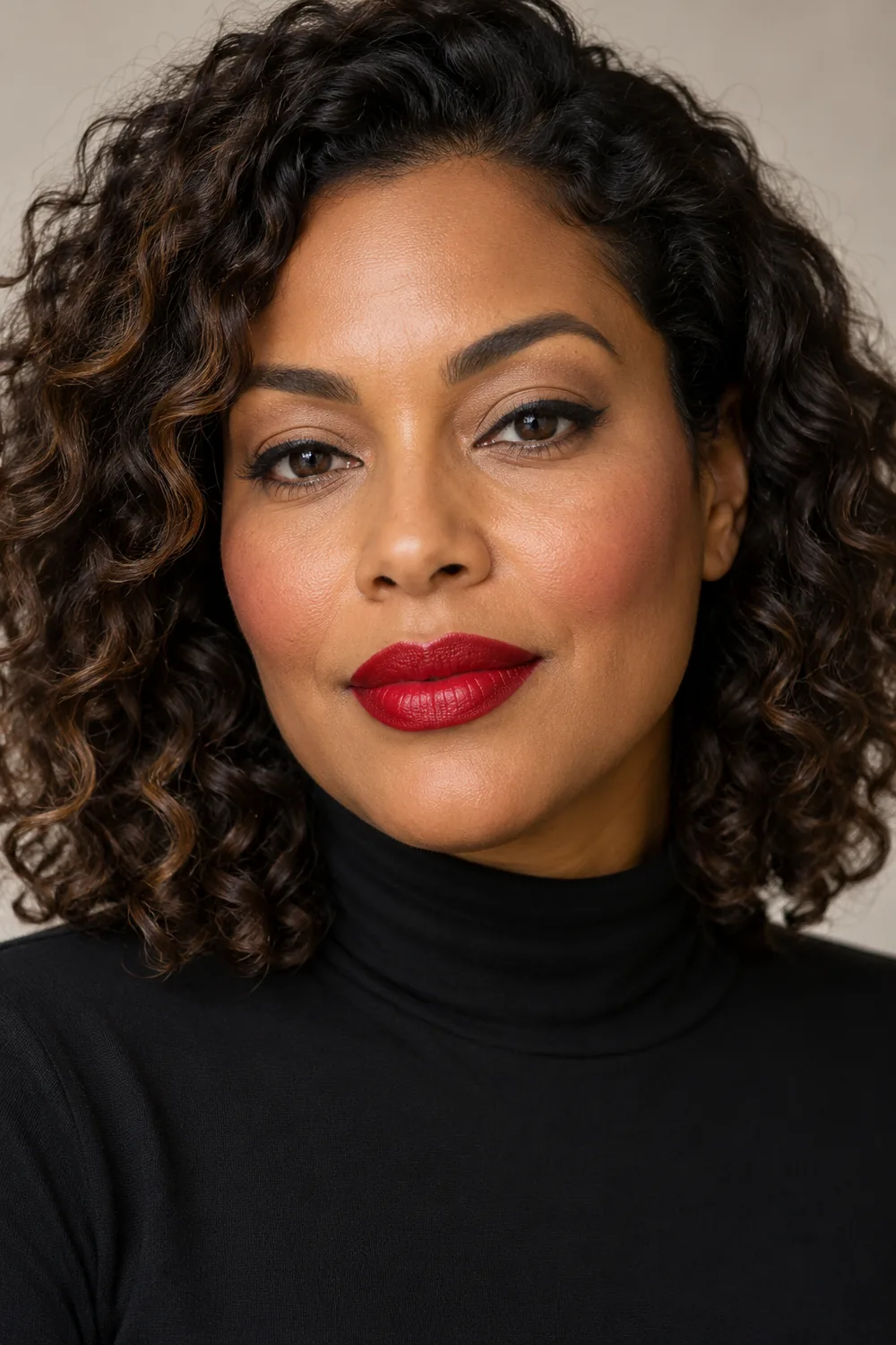 Adult woman with shoulder length natural curls wearing a high neck black dress, beige eyeshadow, straight charcoal liner, rose blush, and a defined cherry red satin lip.
