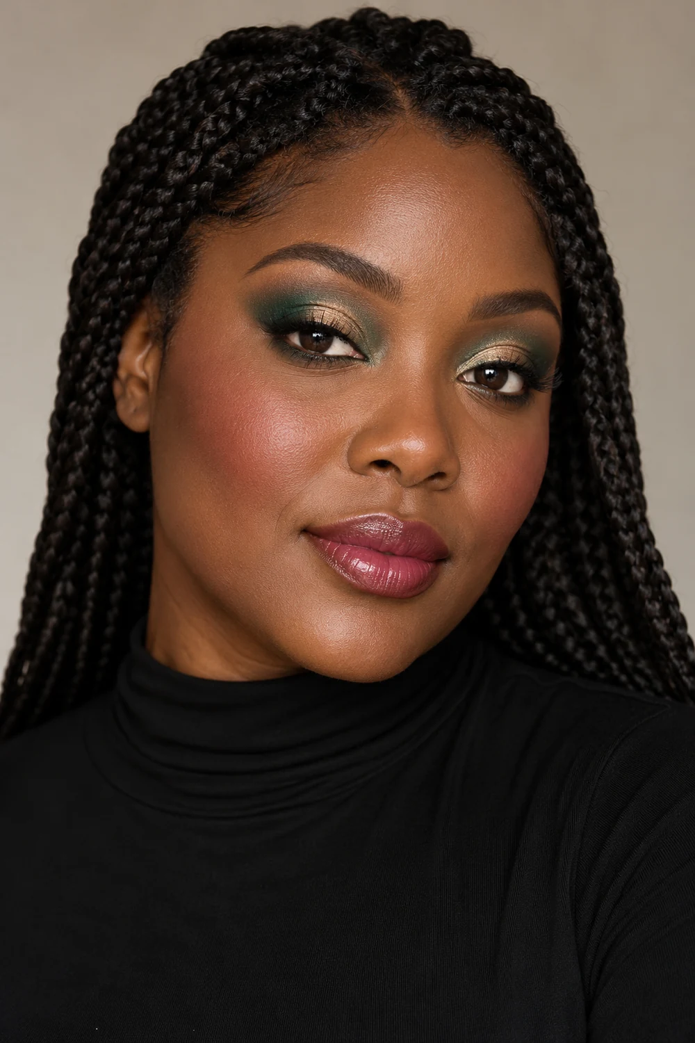 Adult woman with long braids wearing a high-neck black dress, emerald and pale gold halo eyeshadow, brown upper-lash liner, plum blush, and sheer berry lips.