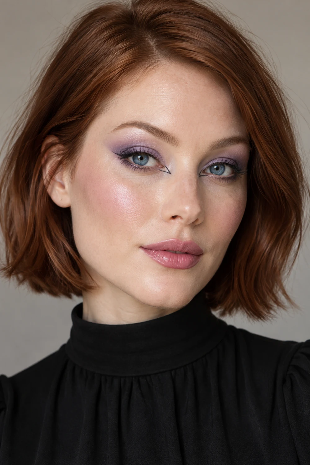 Adult woman with an auburn bob wearing a high-neck black dress, lavender eyeshadow, pointed inner-corner liner, lilac-pink blush, and cool rose lips.