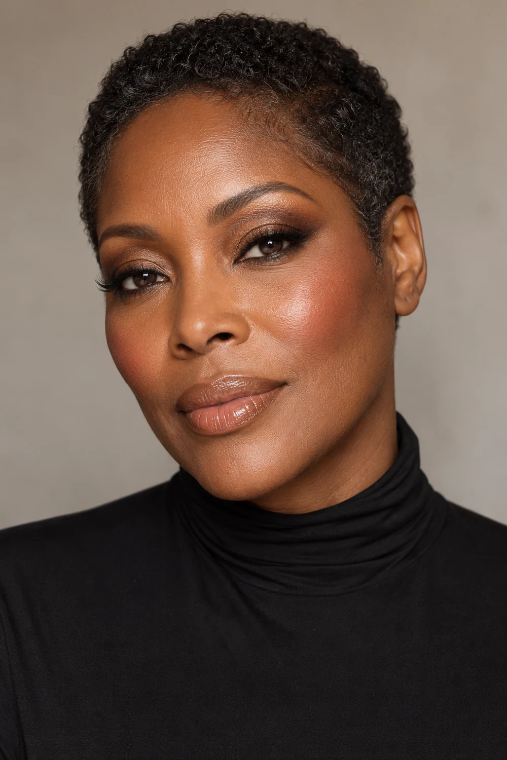 Fictional adult woman with deep warm-brown skin and close-cropped natural hair, wearing bronze smoked-wing eyeshadow, espresso liner, apricot blush, glossy toasted nude lips, and a high-neck black dress.